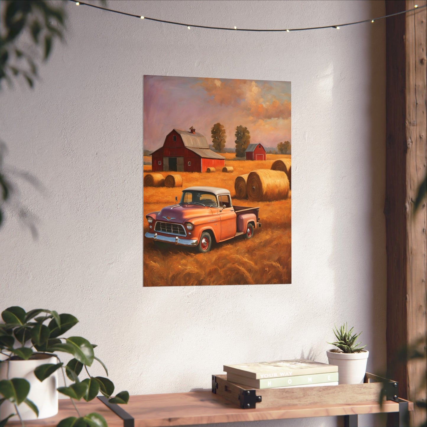 Rustic Farmhouse Matte Poster featuring an old truck in a scenic field with barns and hay bales