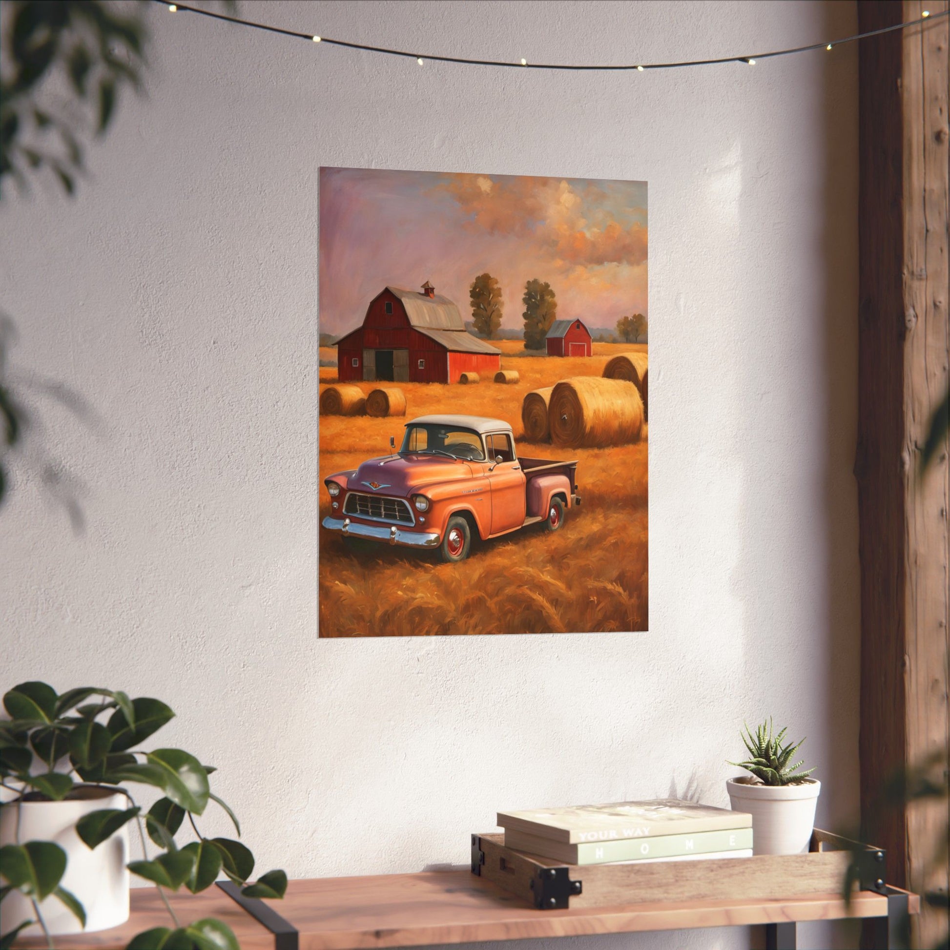 Rustic Farmhouse Matte Poster featuring an old truck in a scenic field with barns and hay bales
