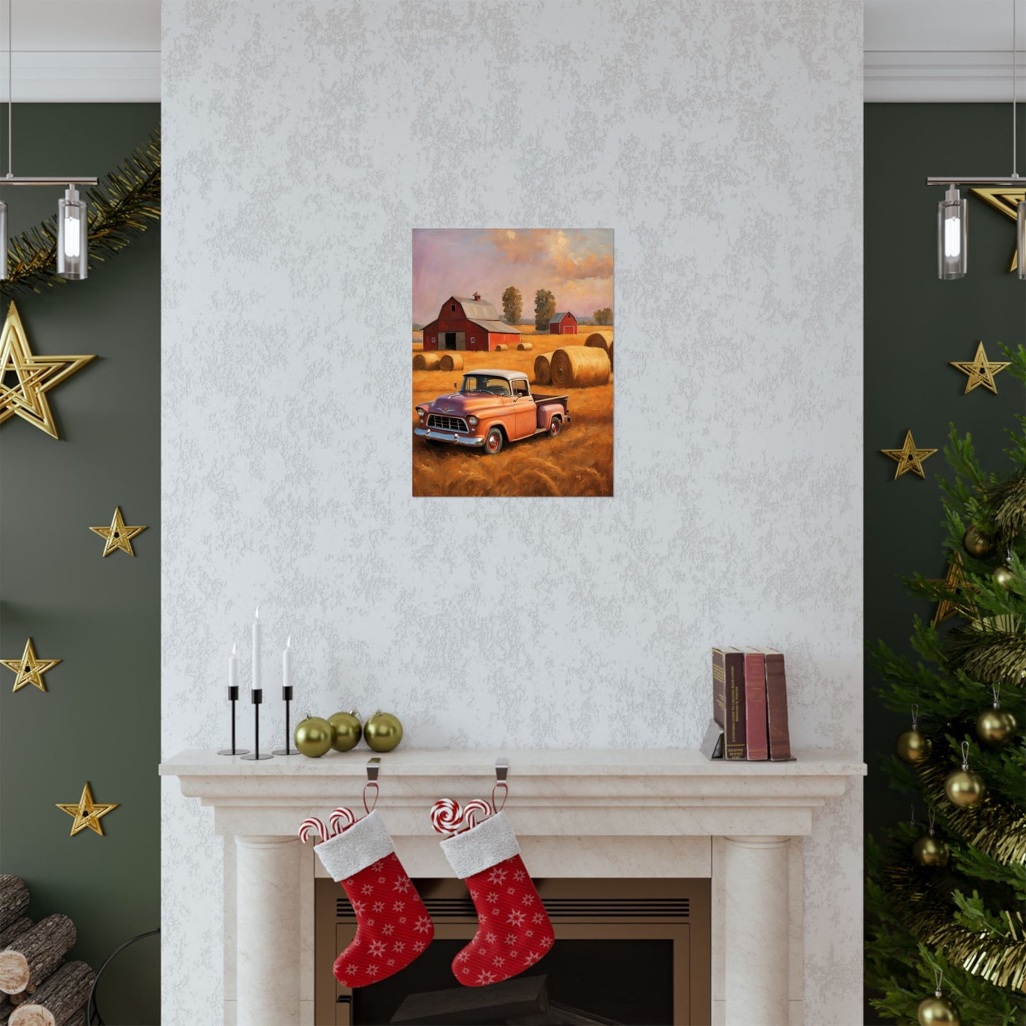 Rustic Farmhouse Matte Poster featuring vintage trucks and barns in a serene farm setting