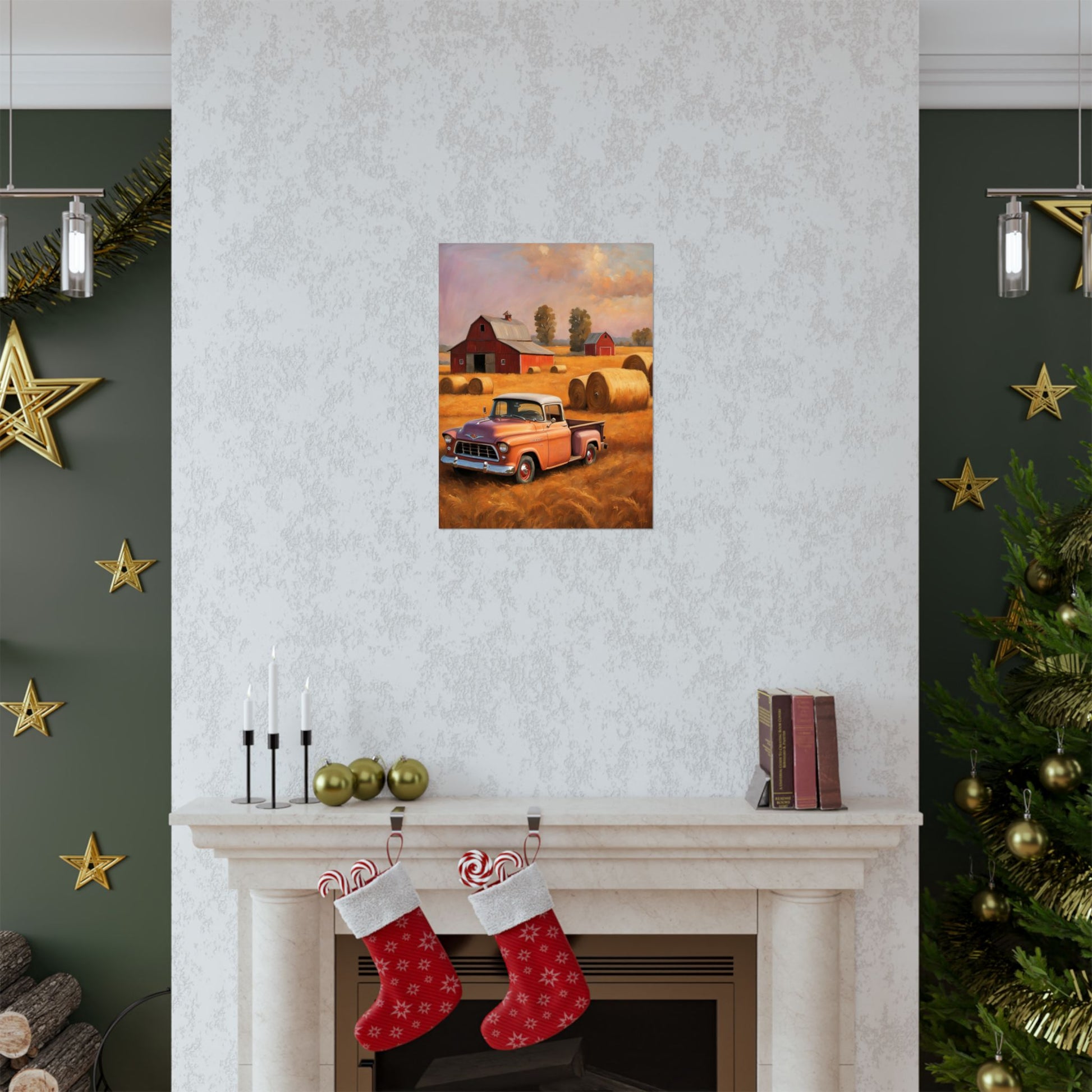 Rustic Farmhouse Matte Poster featuring vintage trucks and barns in a serene farm setting