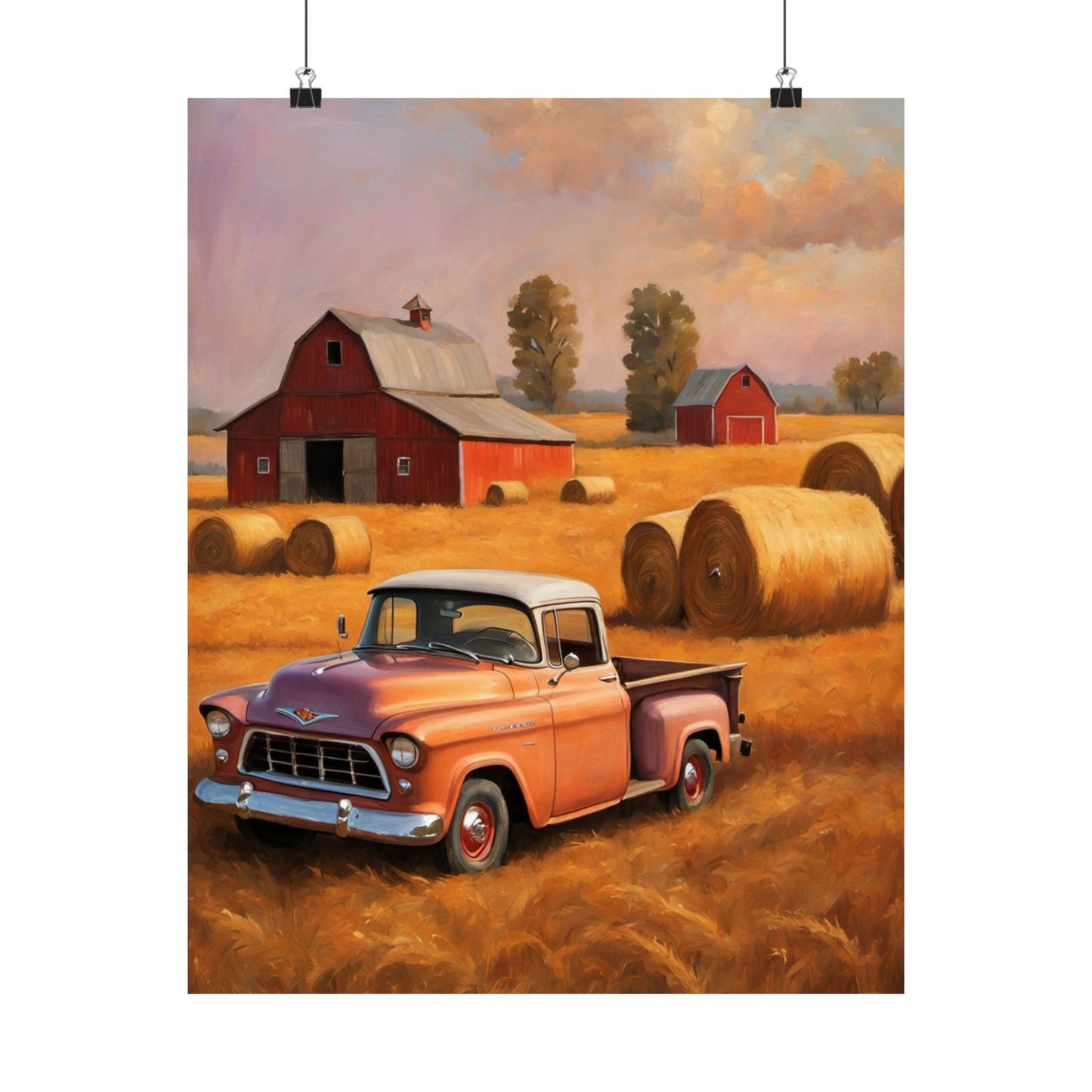 Rustic Farmhouse Matte Poster featuring a vintage truck and red barn in a golden hayfield