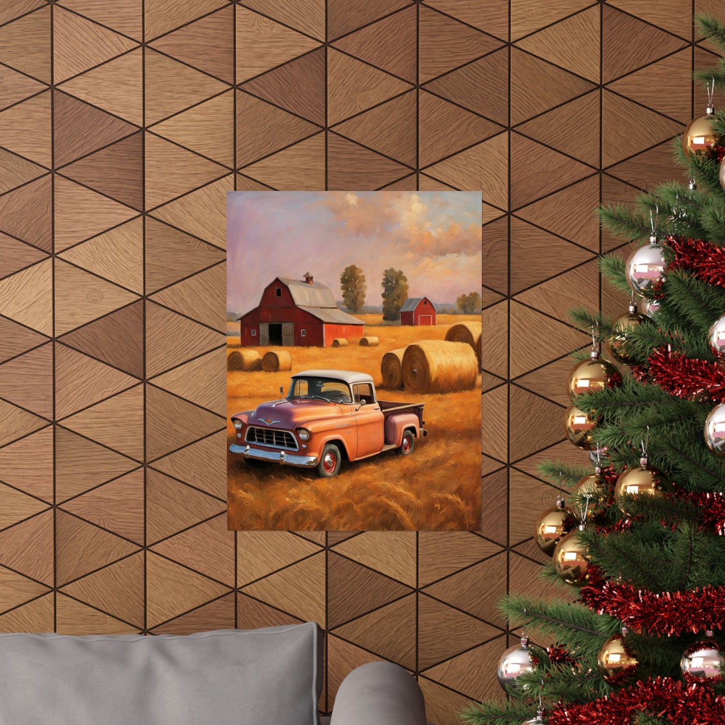 Rustic Farmhouse Matte Poster featuring a vintage truck near barns and hay bales in a warm landscape