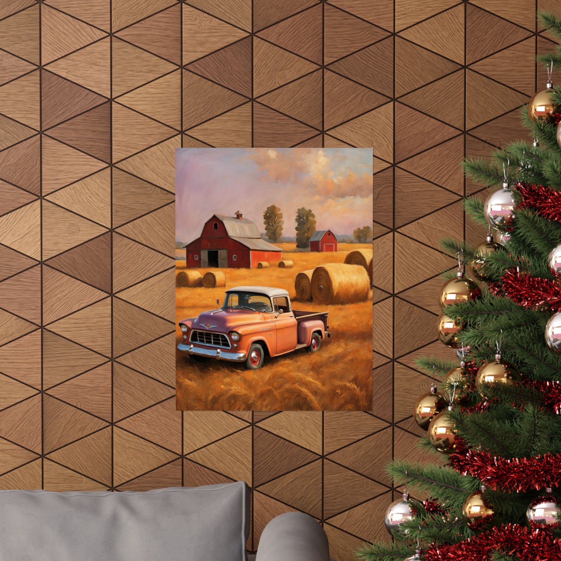 Rustic Farmhouse Matte Poster featuring a vintage truck near barns and hay bales in a warm landscape
