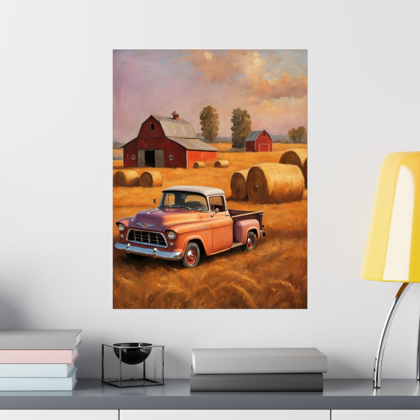Rustic Farmhouse Matte Poster featuring a classic truck and a scenic farm landscape