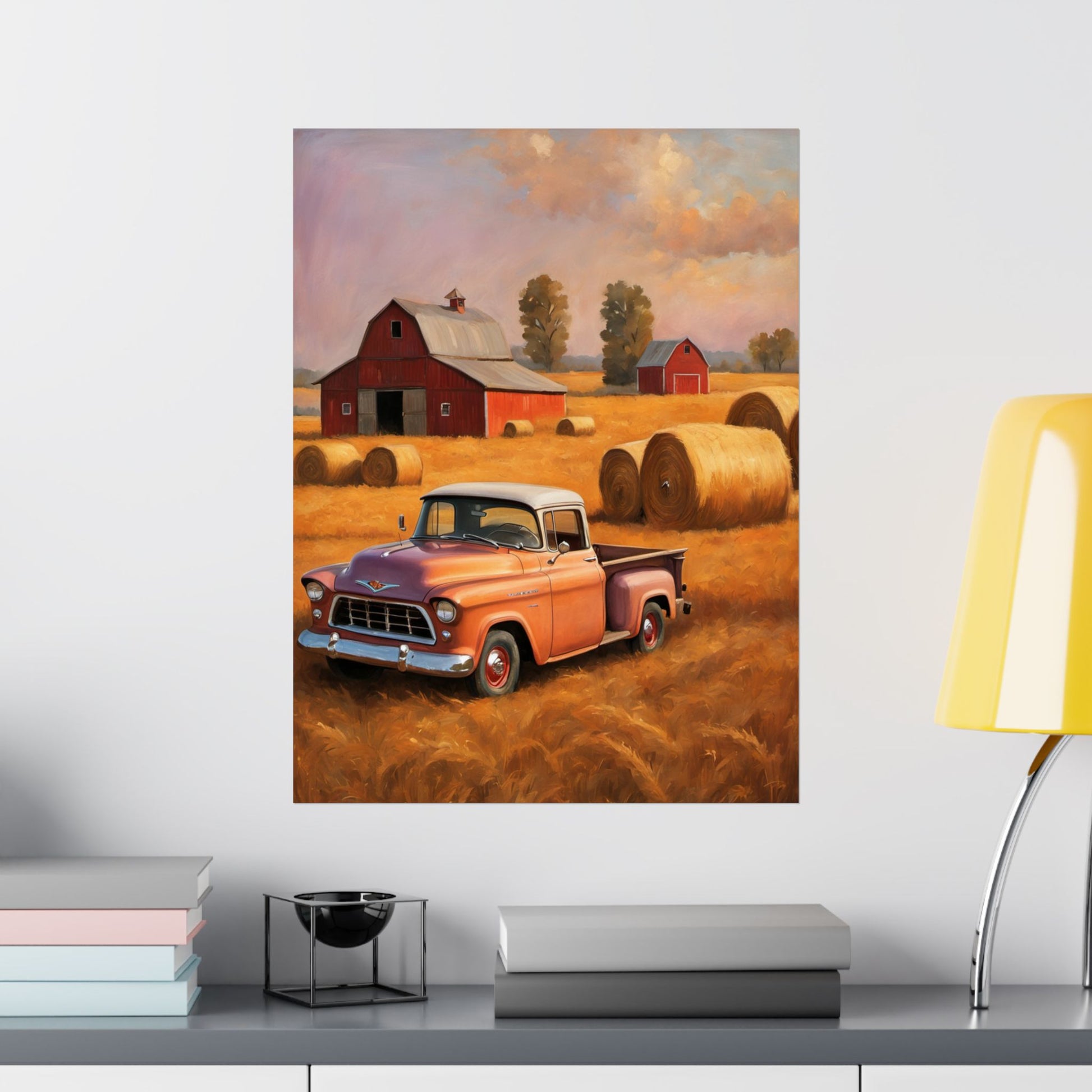 Rustic Farmhouse Matte Poster featuring a classic truck and a scenic farm landscape