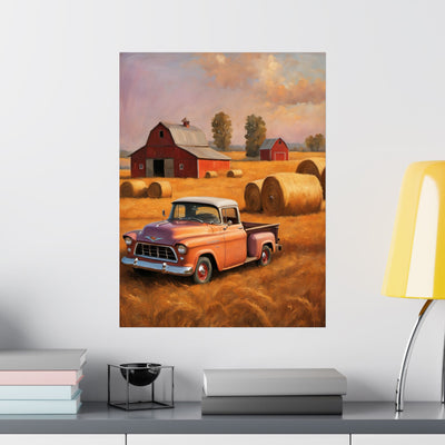 Rustic Farmhouse Matte Poster featuring a classic truck and a scenic farm landscape