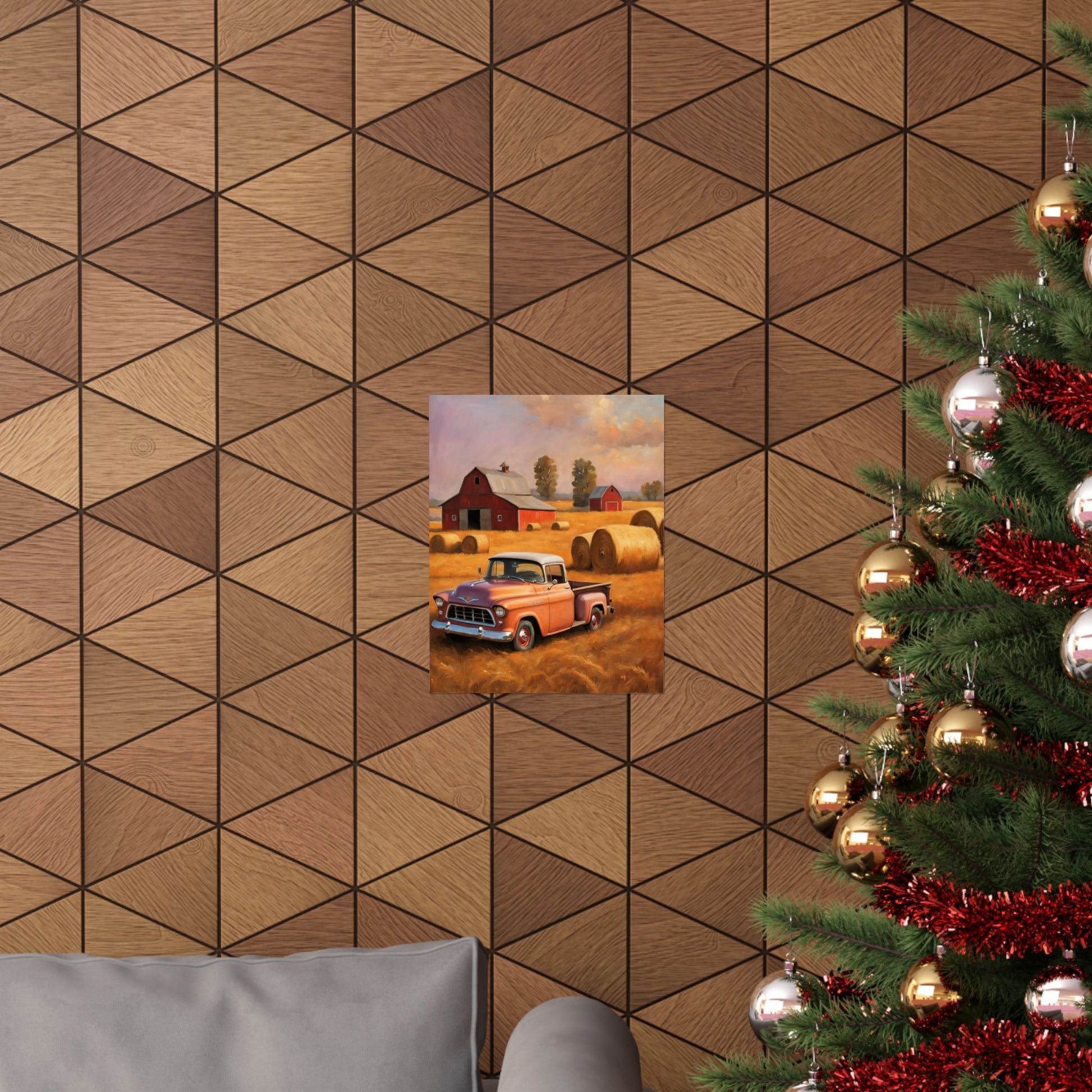 Rustic Farmhouse Matte Poster featuring a classic truck and barn scene on a geometric wall background
