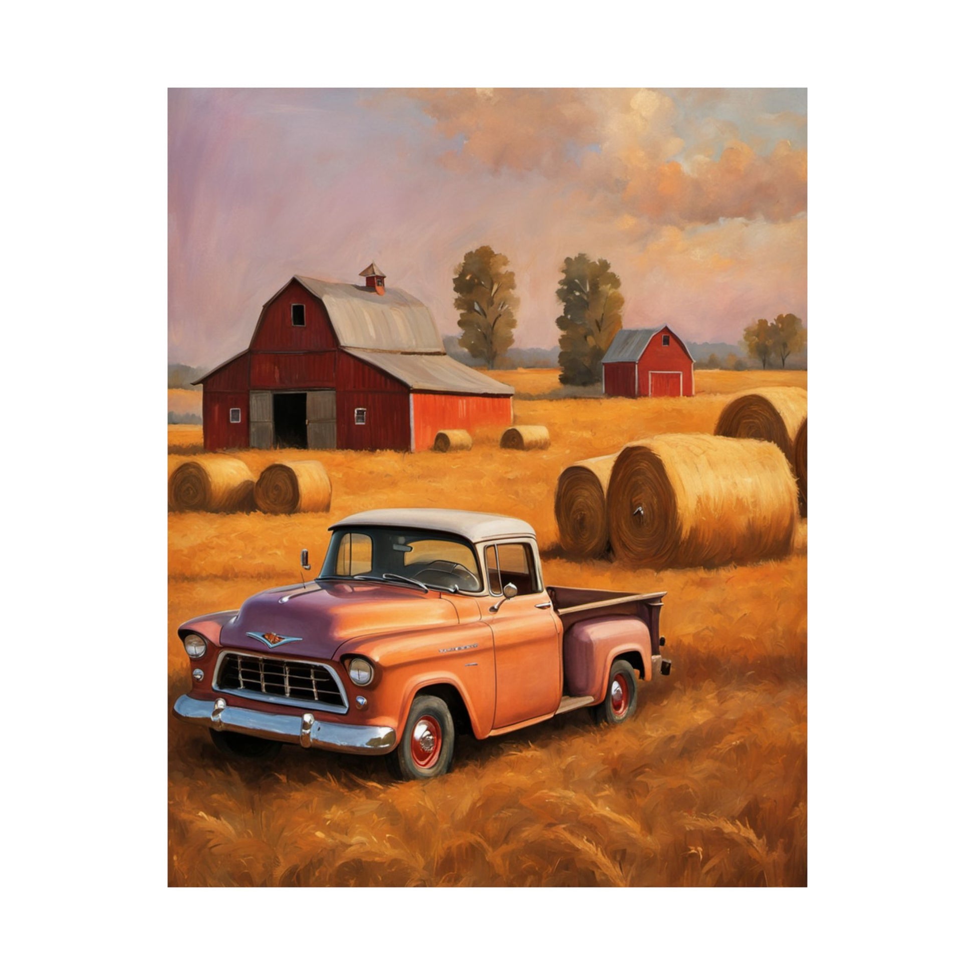 Rustic Farmhouse Matte Poster featuring a vintage truck in a golden hayfield with red barns