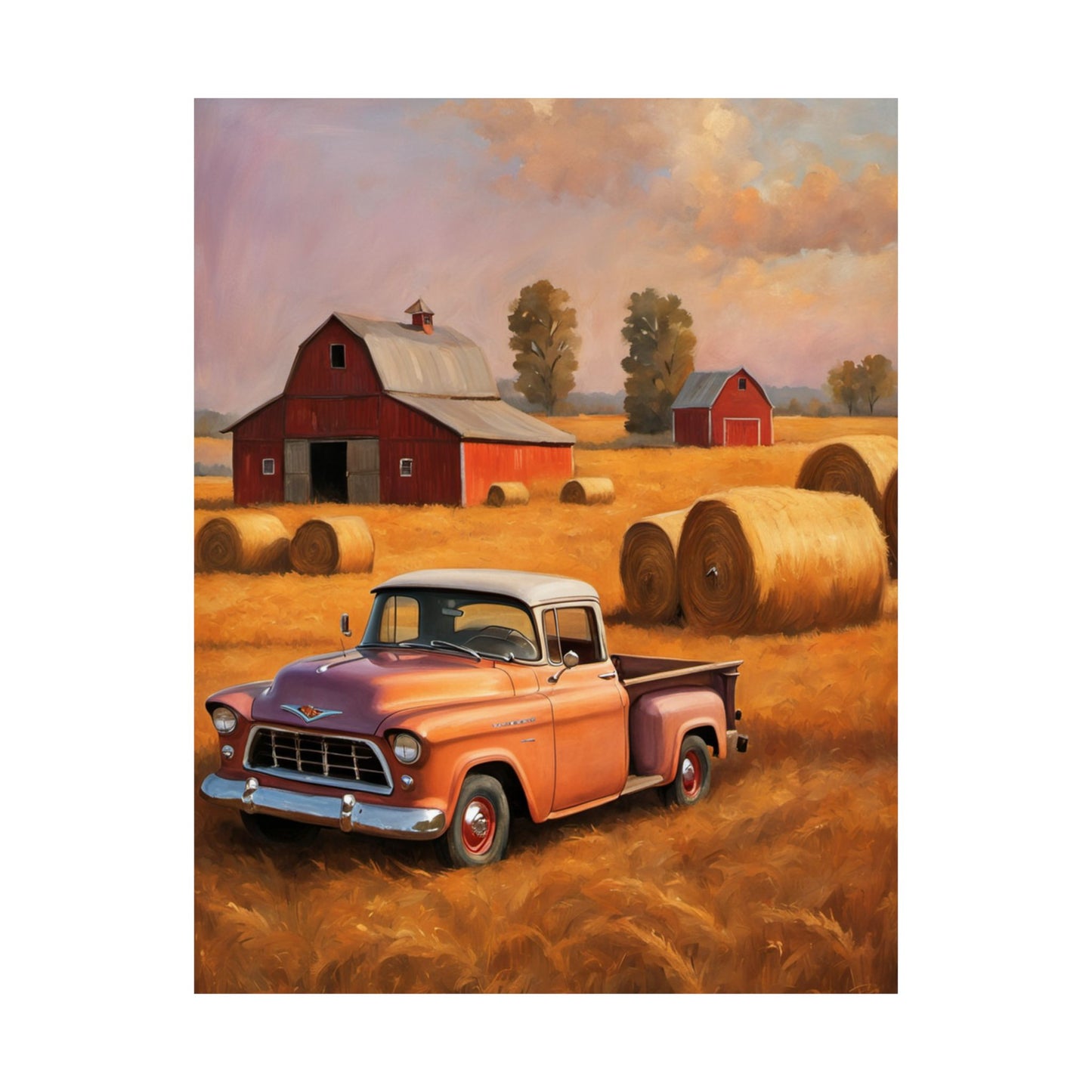 Rustic Farmhouse Matte Poster featuring a vintage truck in a field with hay bales and red barns