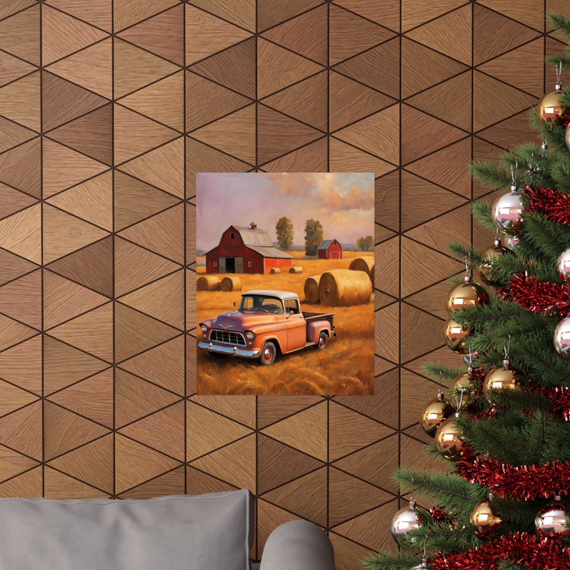Rustic Farmhouse Matte Poster featuring a vintage truck in a farm setting with bales of hay