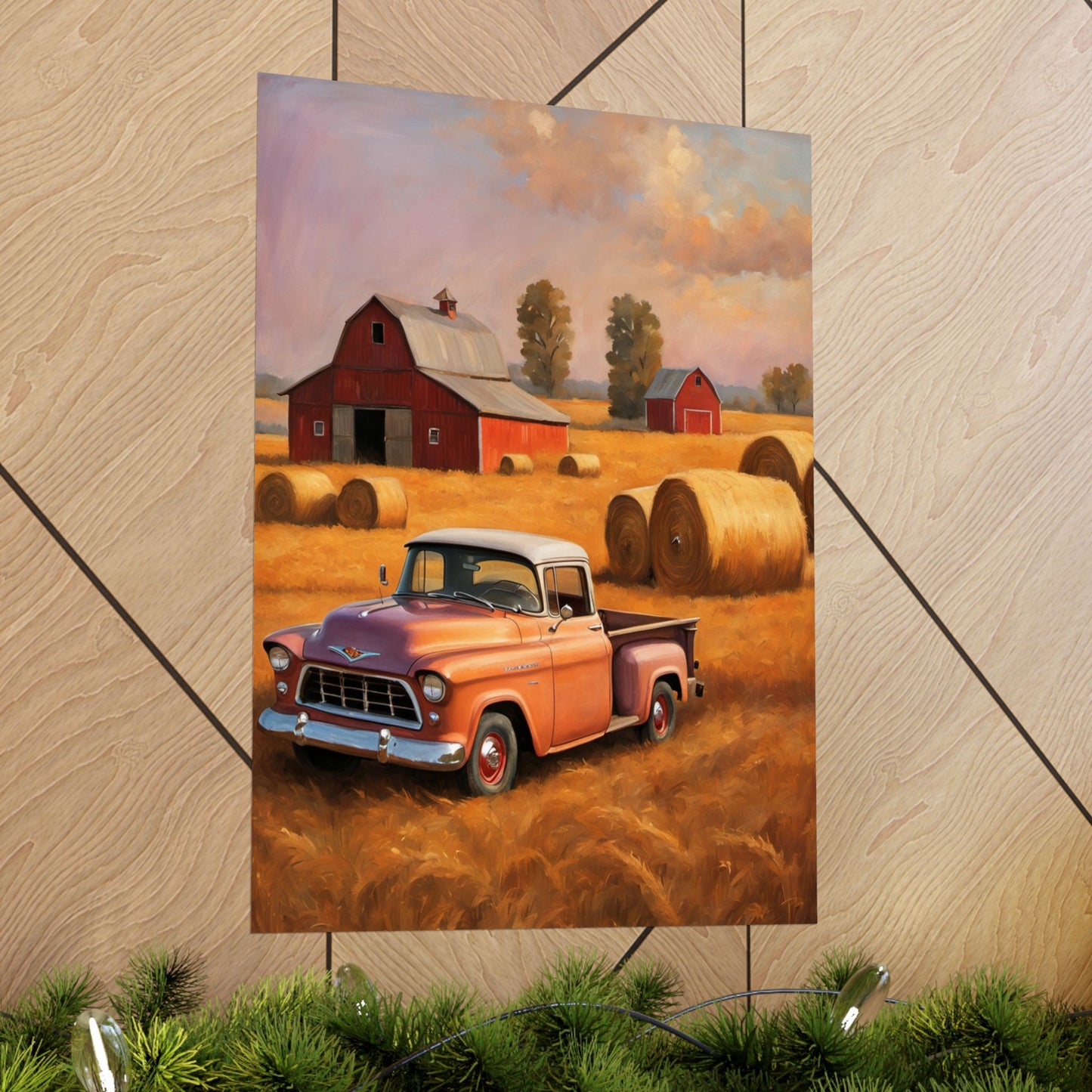 Rustic Farmhouse Matte Poster featuring a vintage truck in a golden field with barns