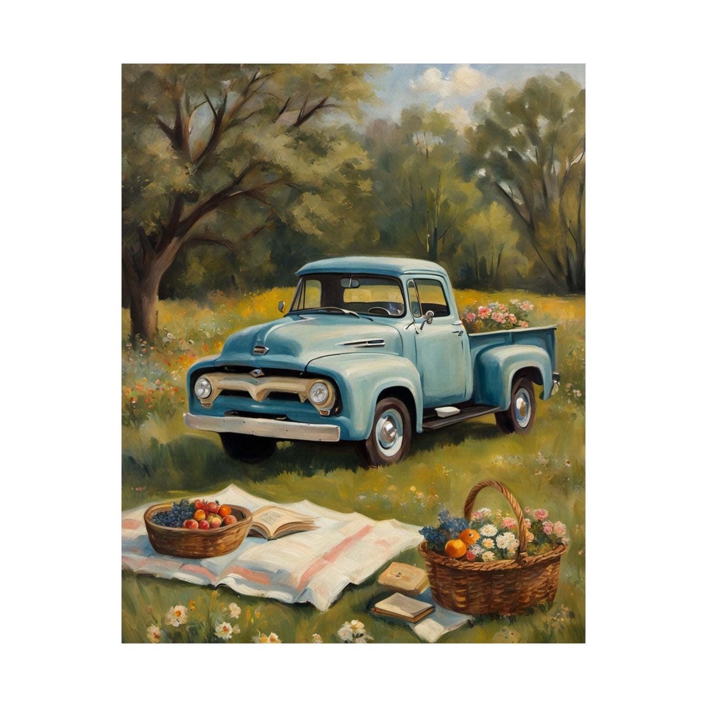 Rustic Farmhouse Poster featuring a vintage blue truck in a serene field setting with picnic baskets