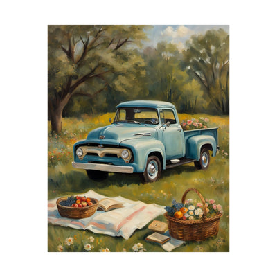 Rustic Farmhouse Poster featuring a vintage blue truck in a serene field setting with picnic baskets