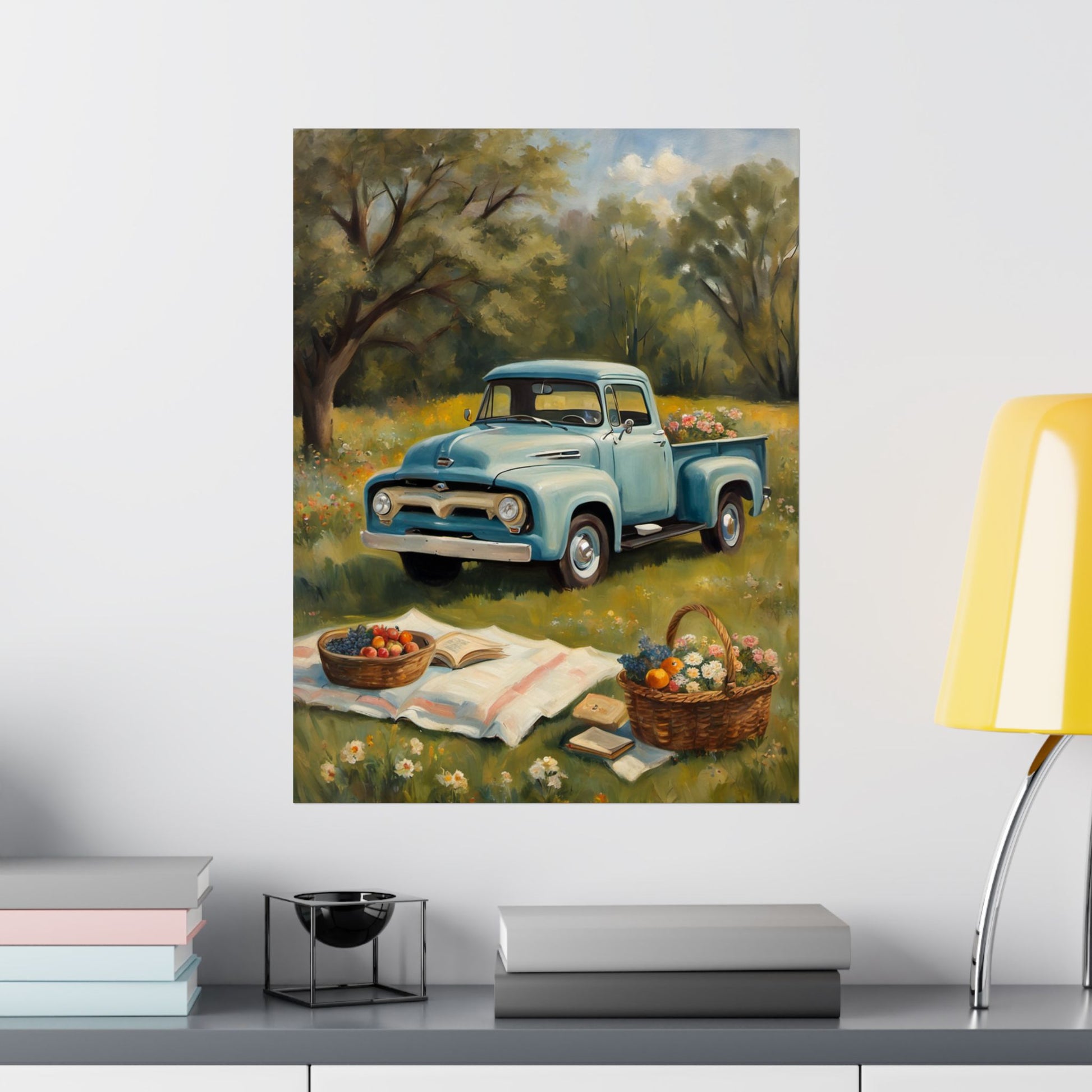 Rustic Farmhouse Poster featuring a blue vintage truck in a sunny field with picnic baskets