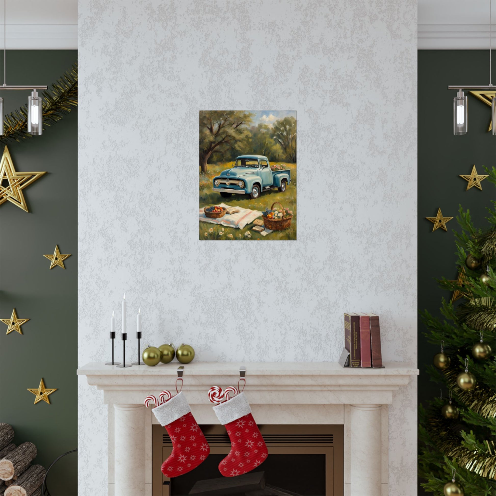 Charming Rustic Farmhouse Poster featuring a vintage truck with picnic supplies in a serene outdoor setting