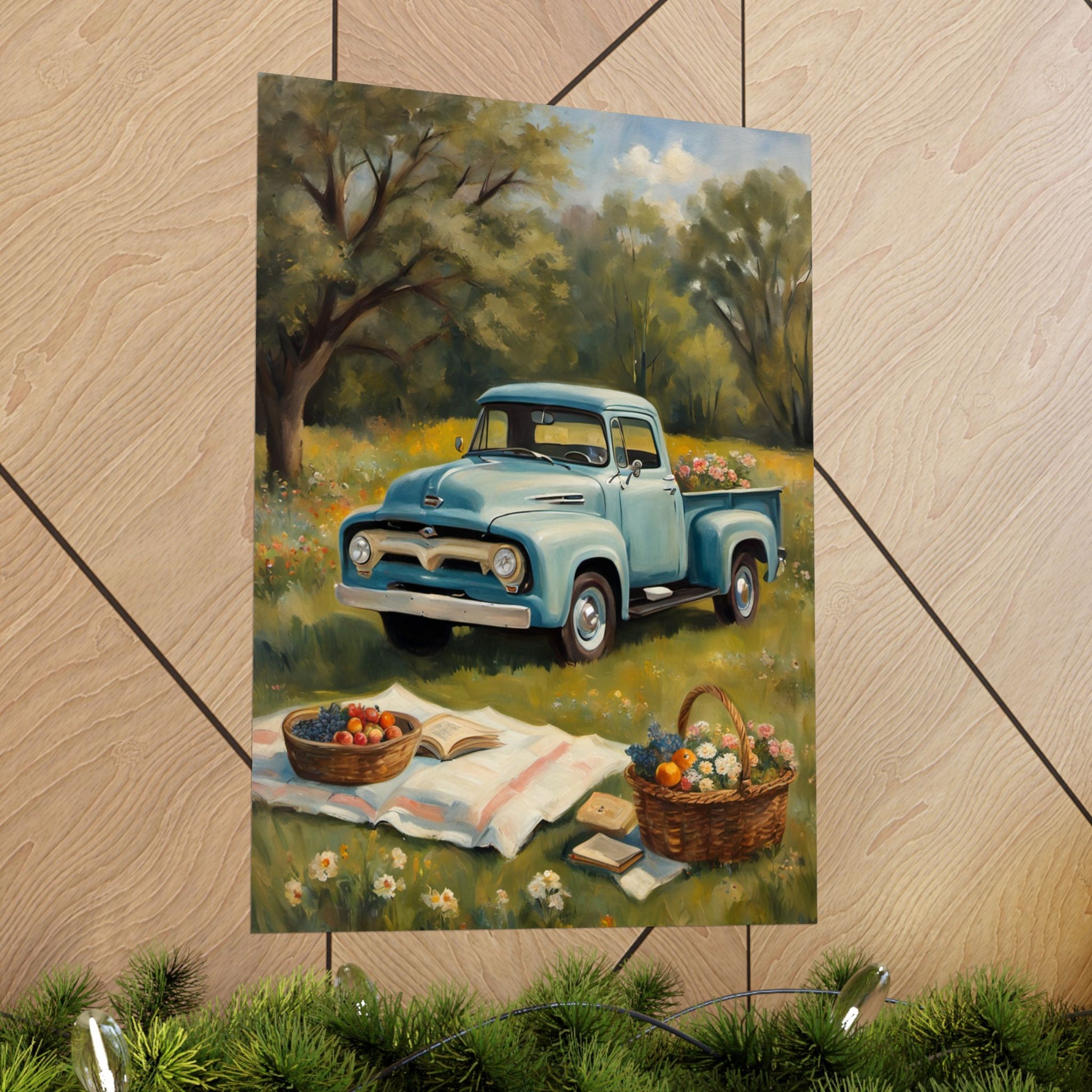 Rustic Farmhouse Poster featuring a vintage blue truck in a scenic meadow with picnic baskets