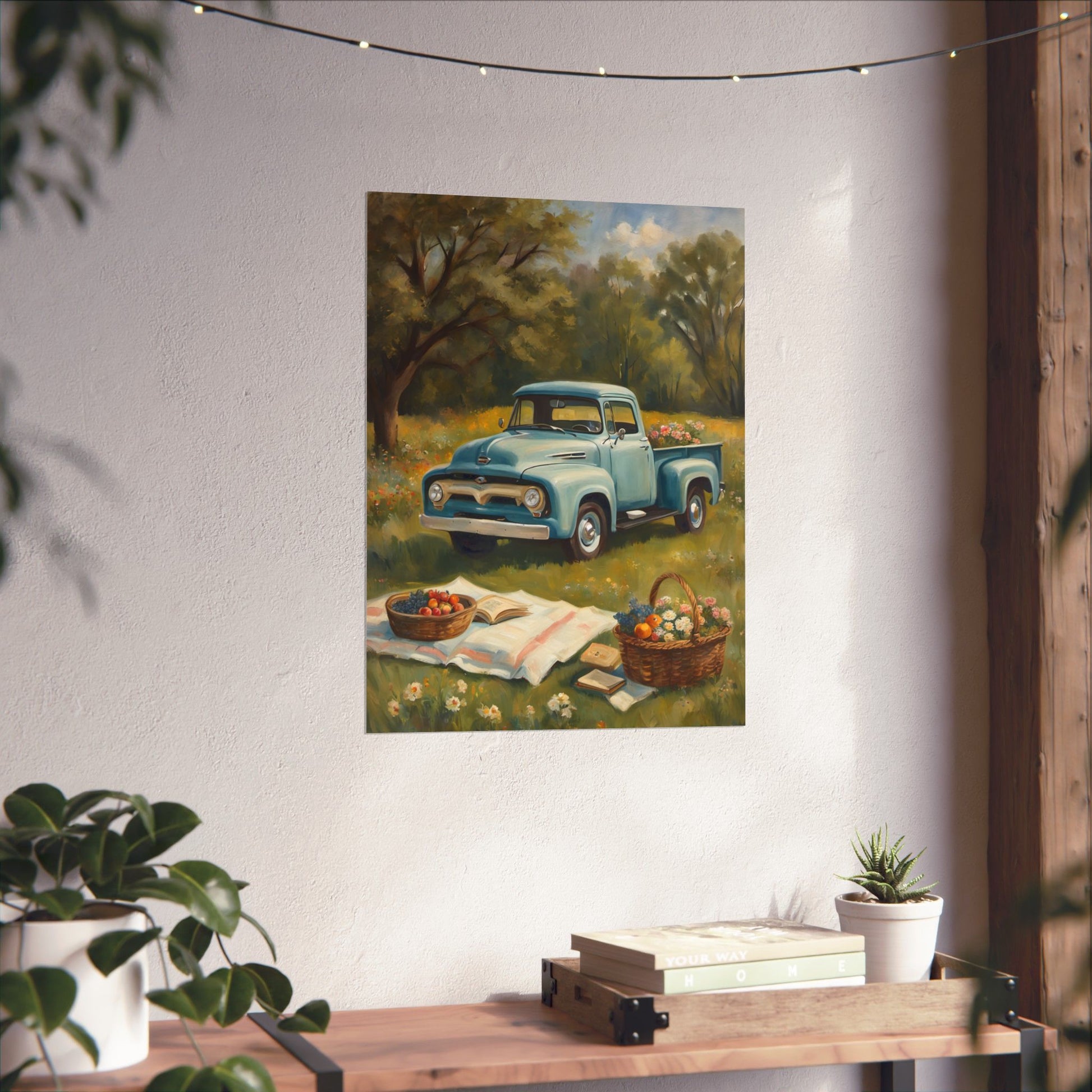 Rustic Farmhouse Poster featuring a vintage blue truck in a sunny field with baskets of fruit