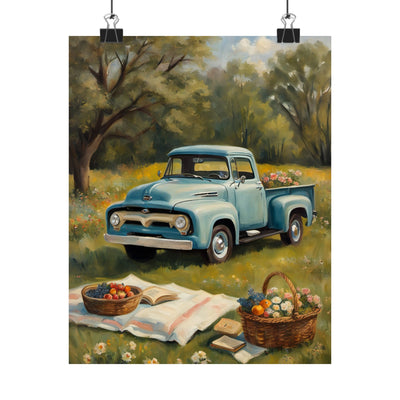 Rustic Farmhouse Poster featuring a vintage blue truck in a field with picnic baskets and flowers
