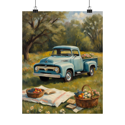 Rustic Farmhouse Poster featuring a vintage blue truck in a flower-filled meadow with picnic baskets