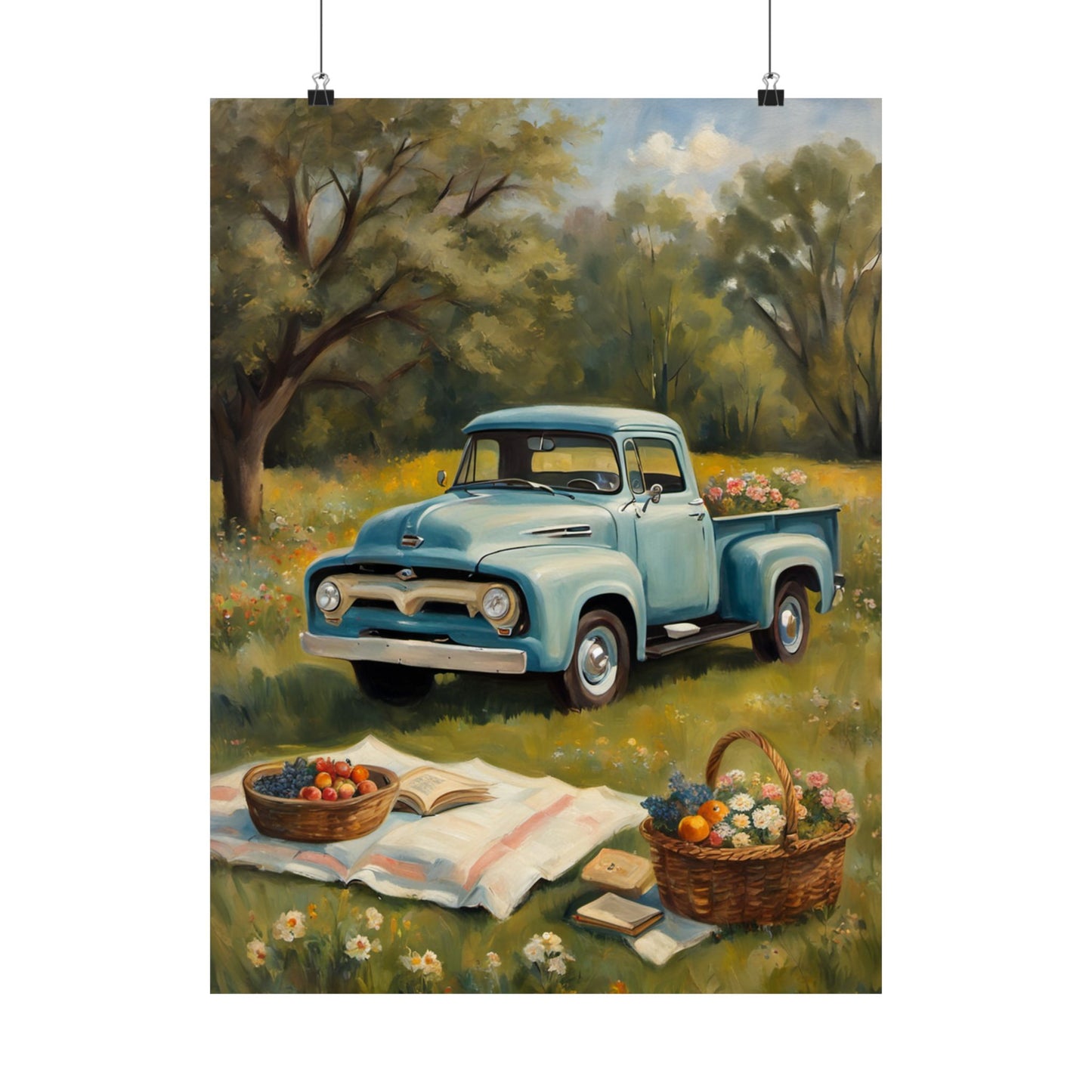 Rustic Farmhouse Poster featuring a vintage blue truck in a scenic field with picnic baskets and flowers
