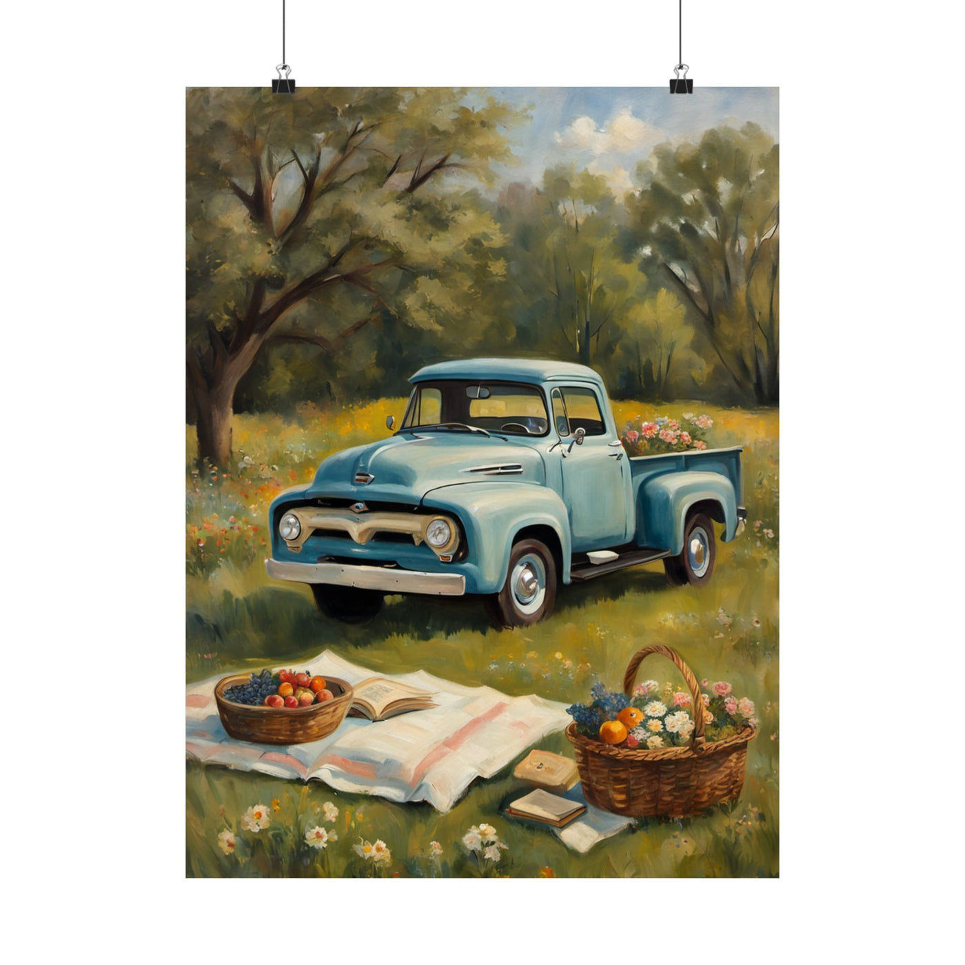Rustic Farmhouse Poster featuring a vintage blue truck in a scenic field with picnic baskets and flowers