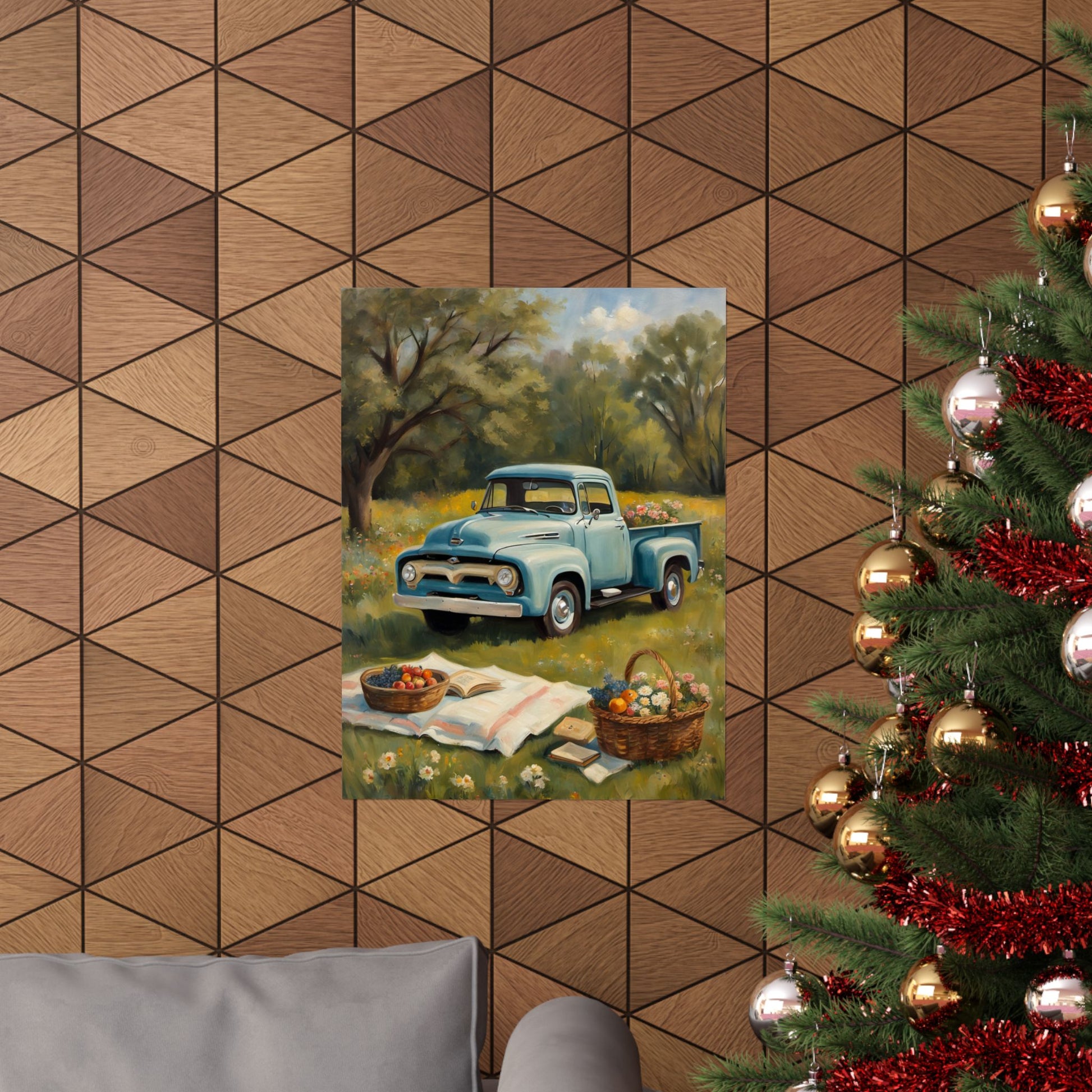Rustic Farmhouse Poster featuring a vintage blue truck in a scenic outdoor setting with flowers