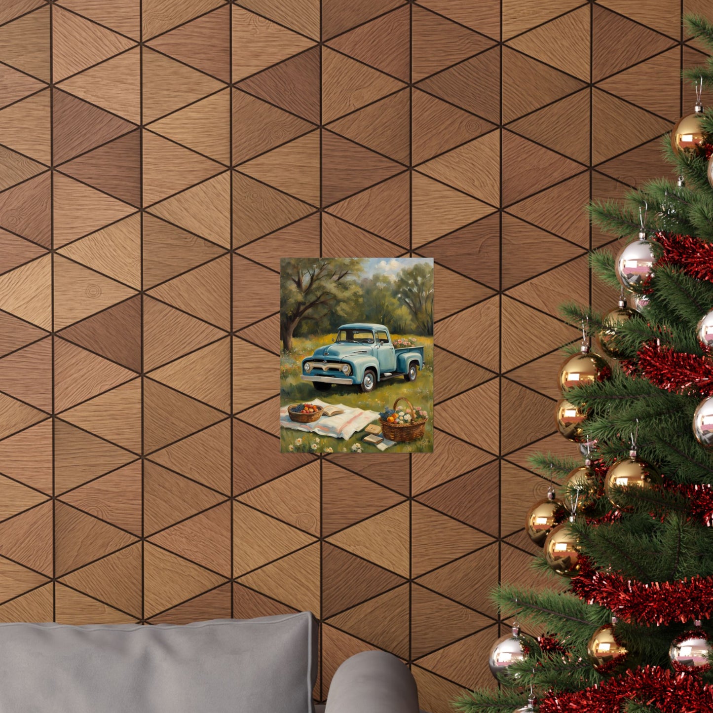 Rustic Farmhouse Poster featuring a vintage truck and picnic scene on a textured wall background