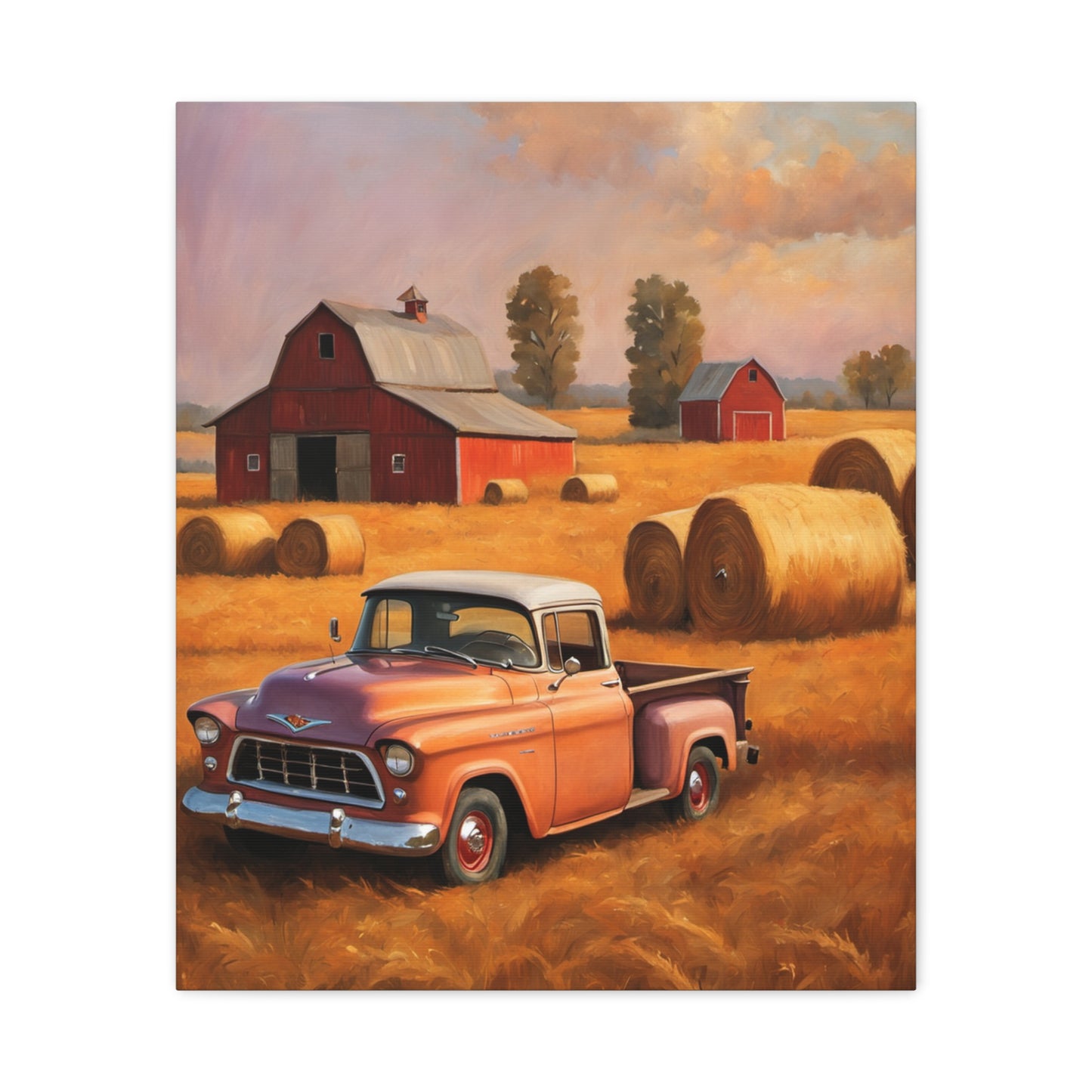 Rustic Farmhouse Wall Art featuring a retro truck in a golden field with red barns