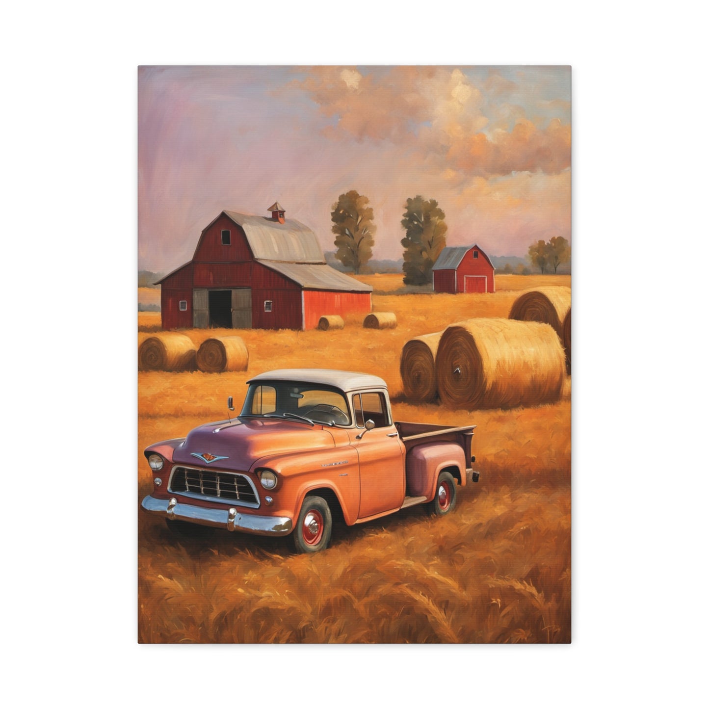 Rustic Farmhouse Wall Art featuring a vintage truck in a scenic farm setting with bales of hay