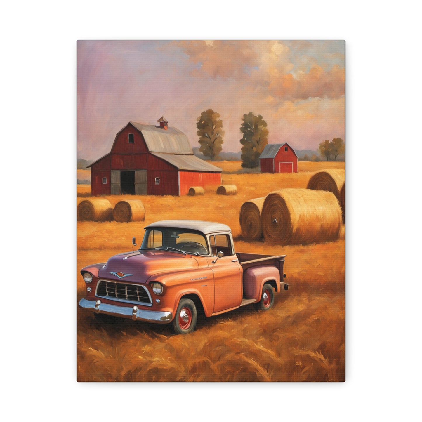 Rustic Farmhouse Wall Art featuring a vintage truck and red barns in a golden field
