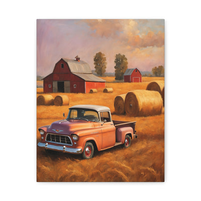 Rustic Farmhouse Wall Art featuring a vintage truck and red barns in a golden field