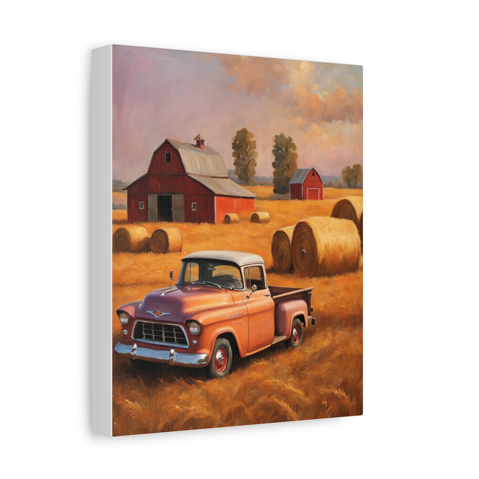 Rustic Farmhouse Wall Art featuring a vintage truck in a golden field with red barns