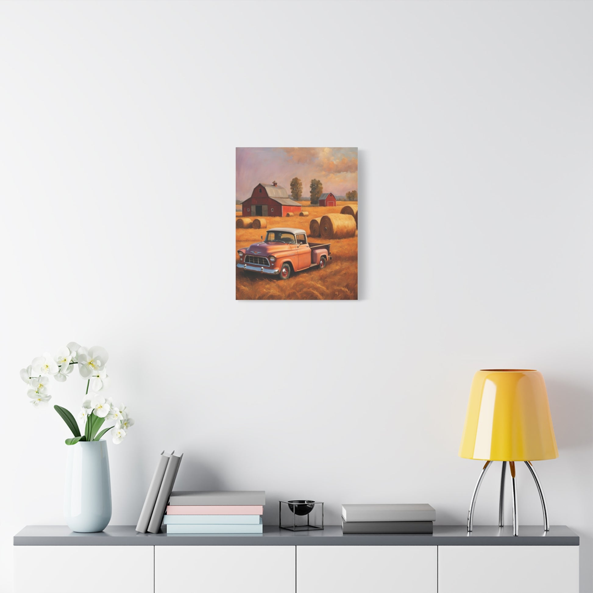 Rustic Farmhouse Wall Art featuring a vintage truck and hay bales in a serene countryside setting