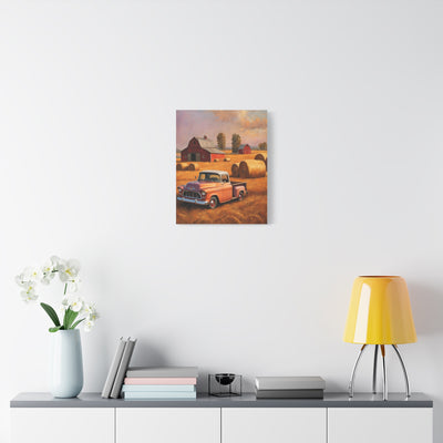 Rustic Farmhouse Wall Art featuring a vintage truck and hay bales in a serene countryside setting