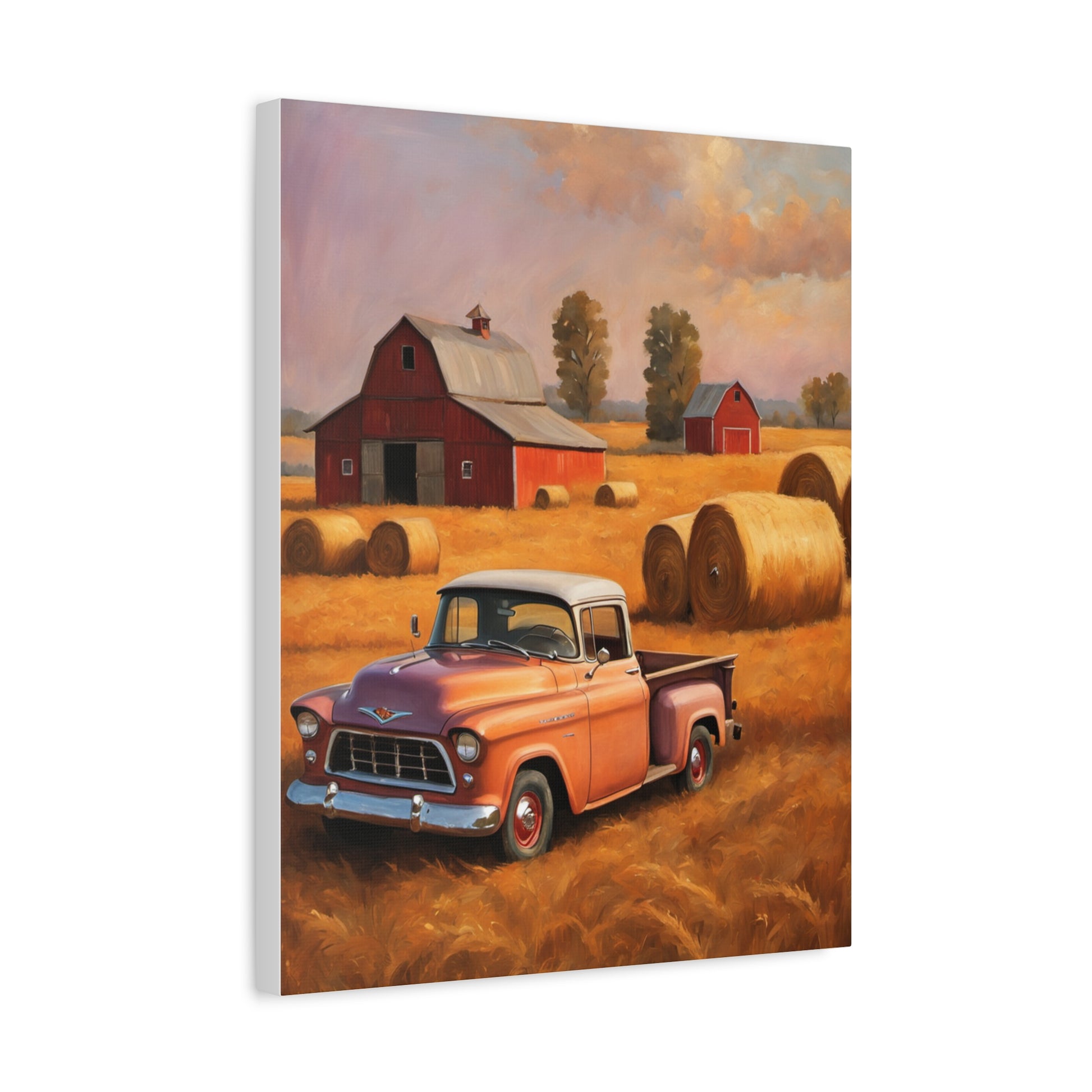Rustic Farmhouse Wall Art featuring a vintage truck in a scenic farm landscape with red barns