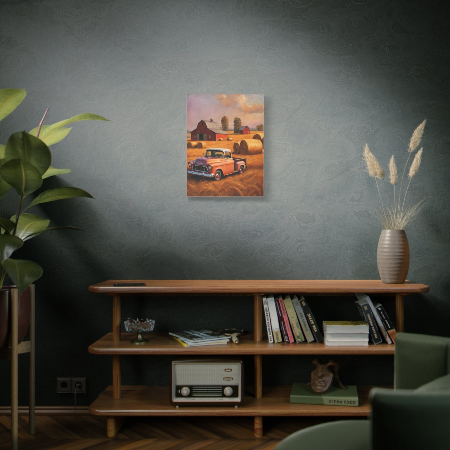 Rustic Farmhouse Wall Art featuring a vintage truck in a serene farm setting with bales of hay
