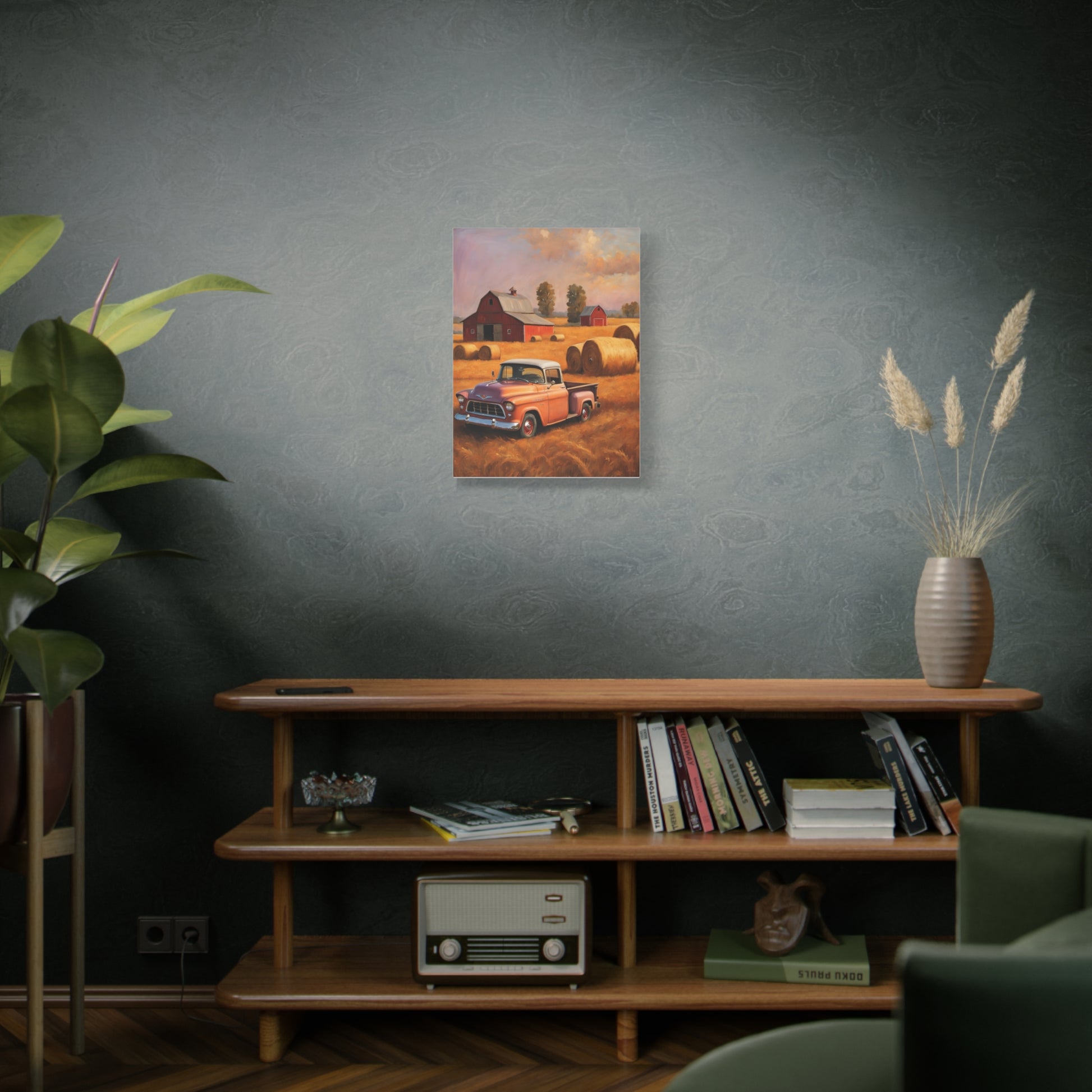 Rustic Farmhouse Wall Art featuring a vintage truck in a serene farm setting with bales of hay