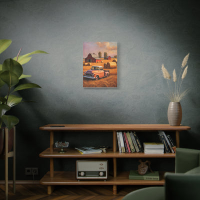 Rustic Farmhouse Wall Art featuring a vintage truck in a serene farm setting with bales of hay