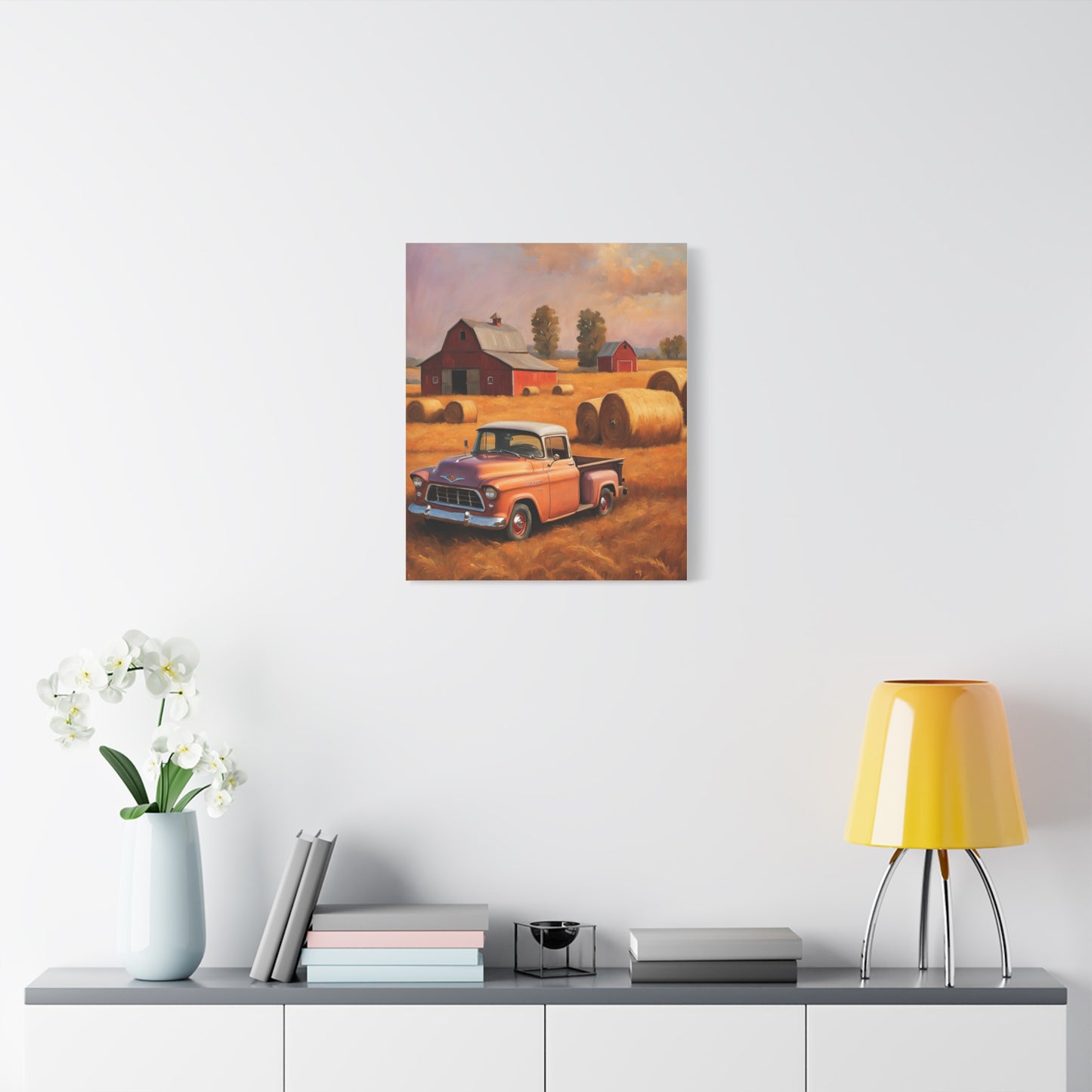 Rustic Farmhouse Wall Art featuring a vintage truck and barns in a pastoral setting