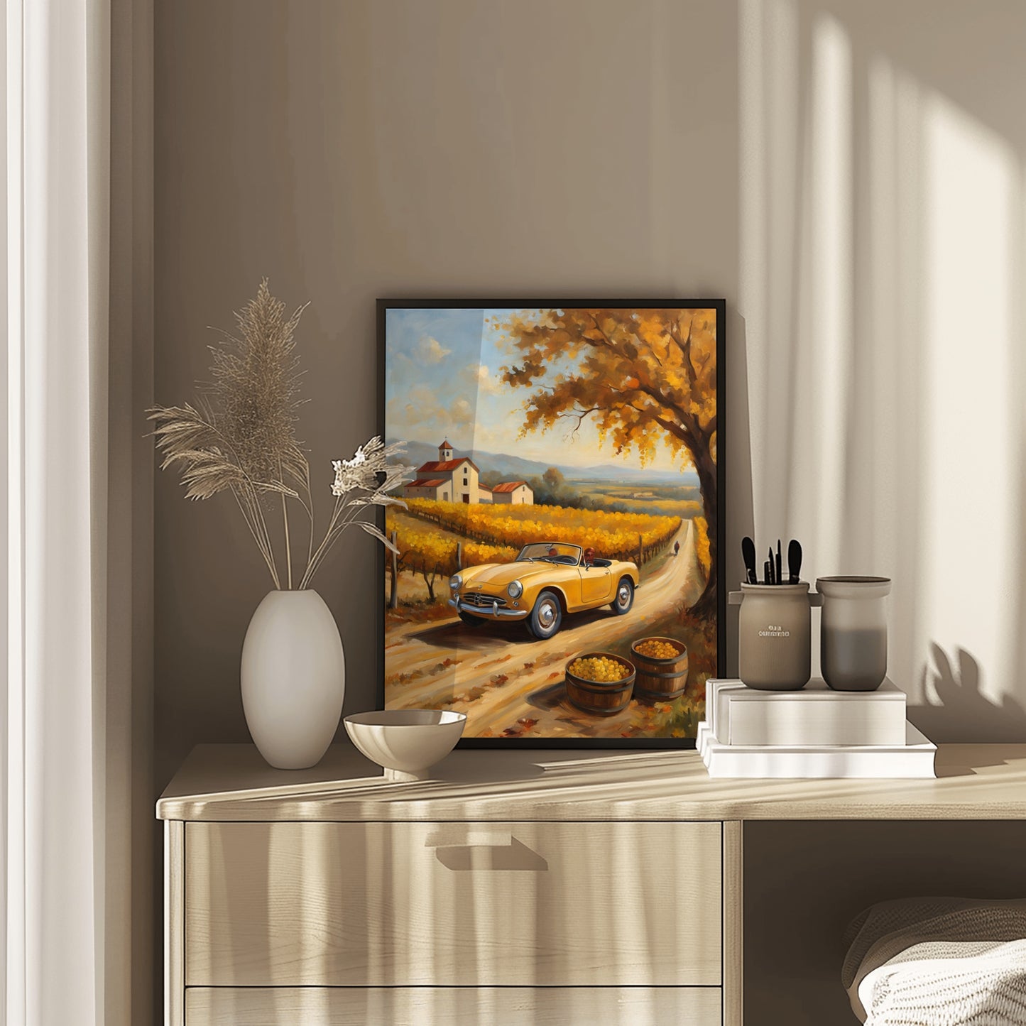 Rustic harvest art decor digital print displayed on a wooden dresser with vases and books