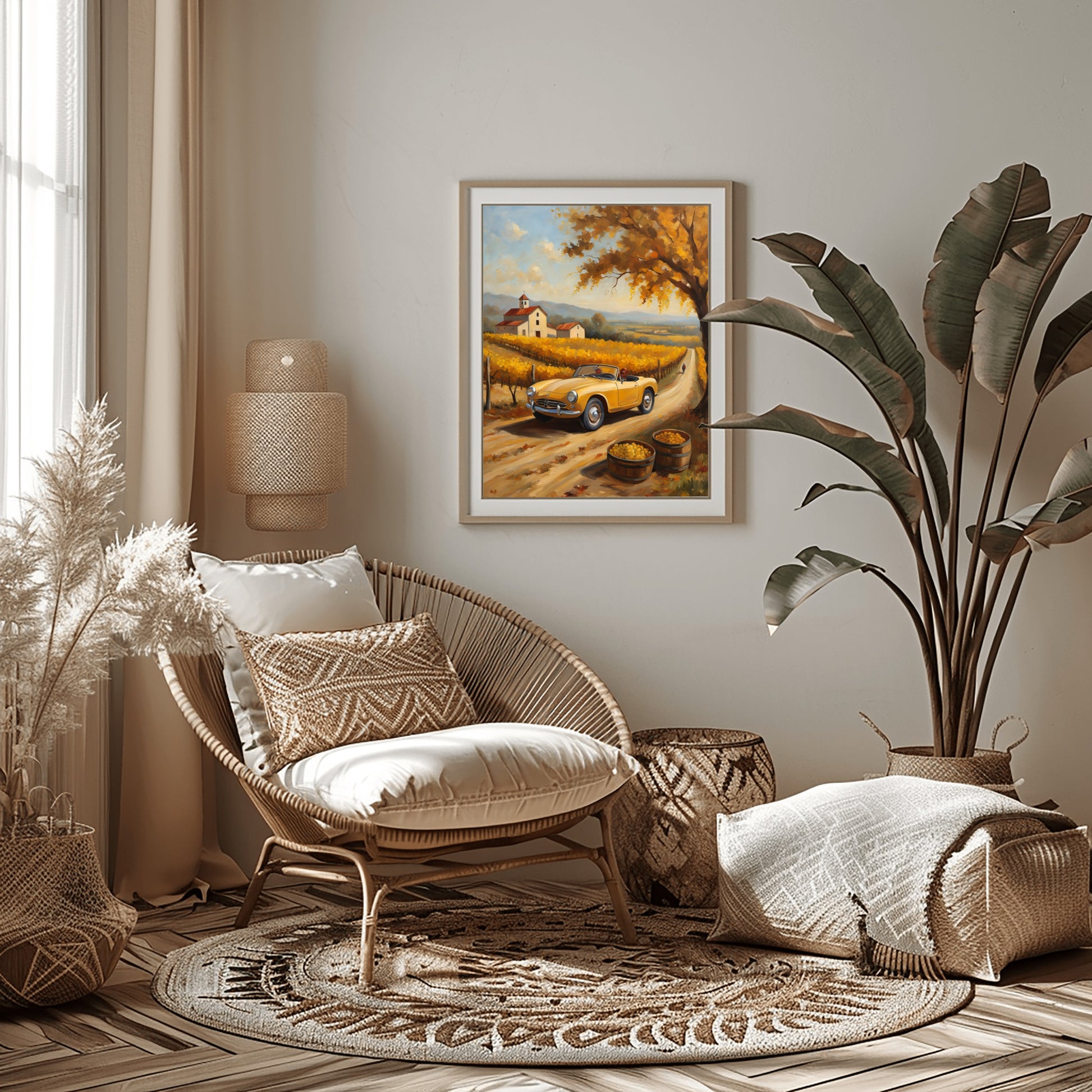 Cozy living room with rustic harvest art decor featuring a framed vintage car painting by AquilVision