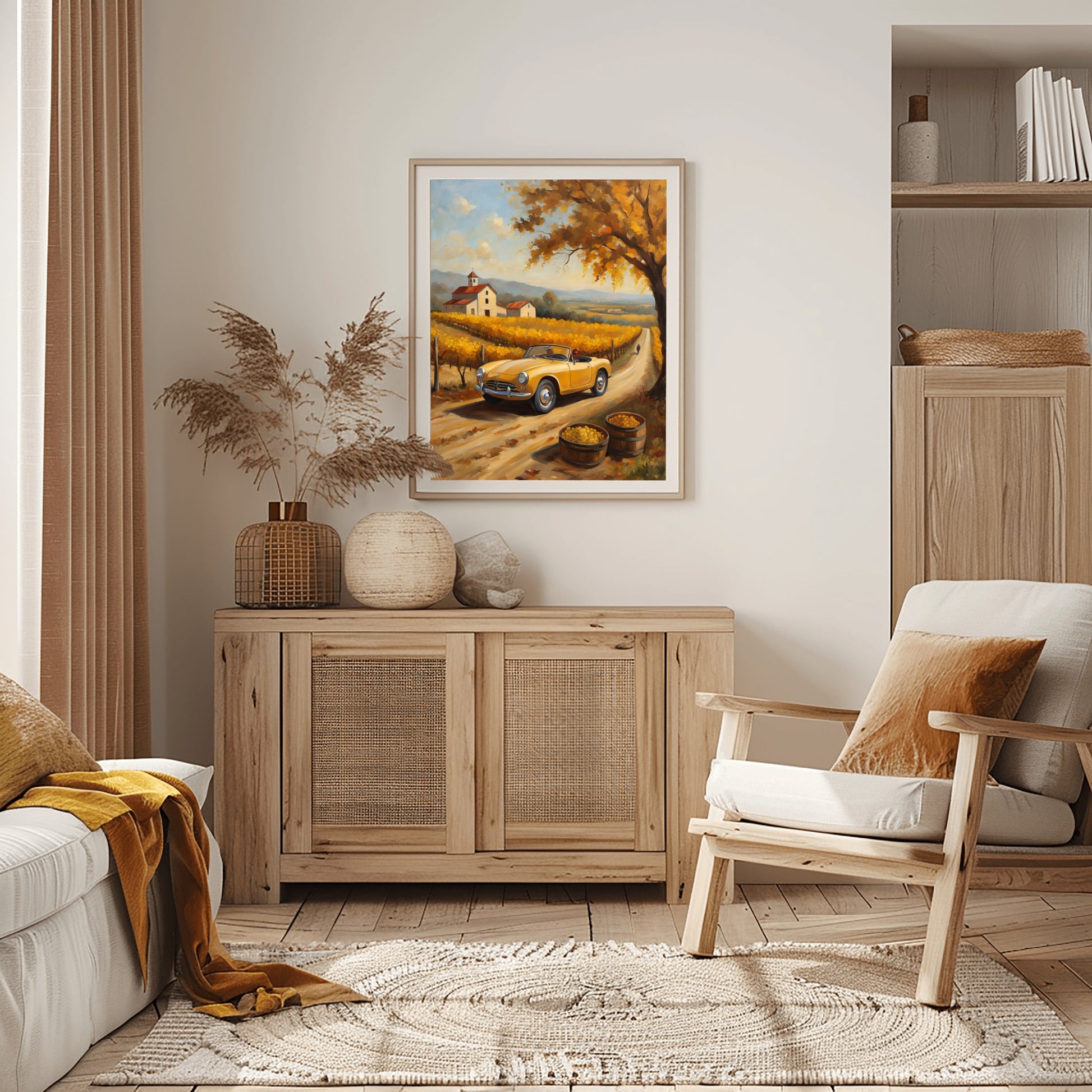 Rustic harvest art decor by AquilVision showing a vintage car on a country road in a cozy living room