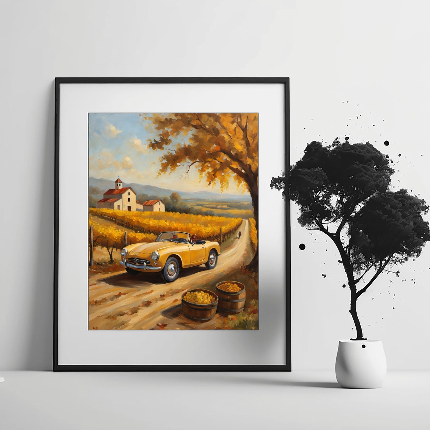 Framed digital print of rustic harvest art decor featuring a vintage car on a countryside path