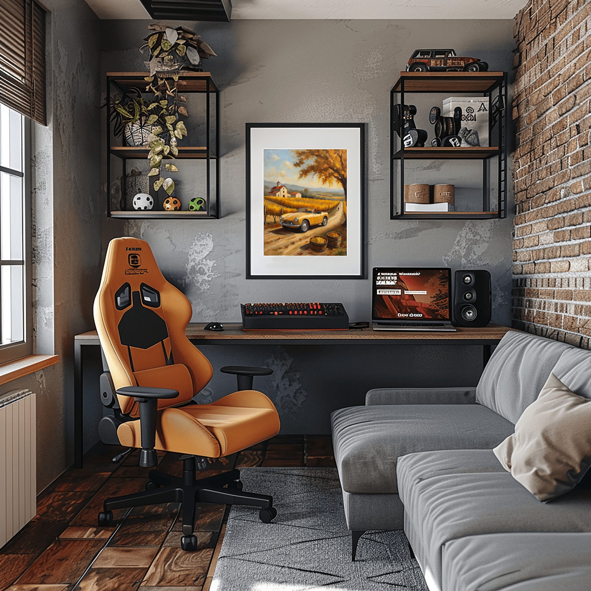 Cozy modern workspace featuring rustic harvest art decor framed on gray wall above desk with computer and orange office chair