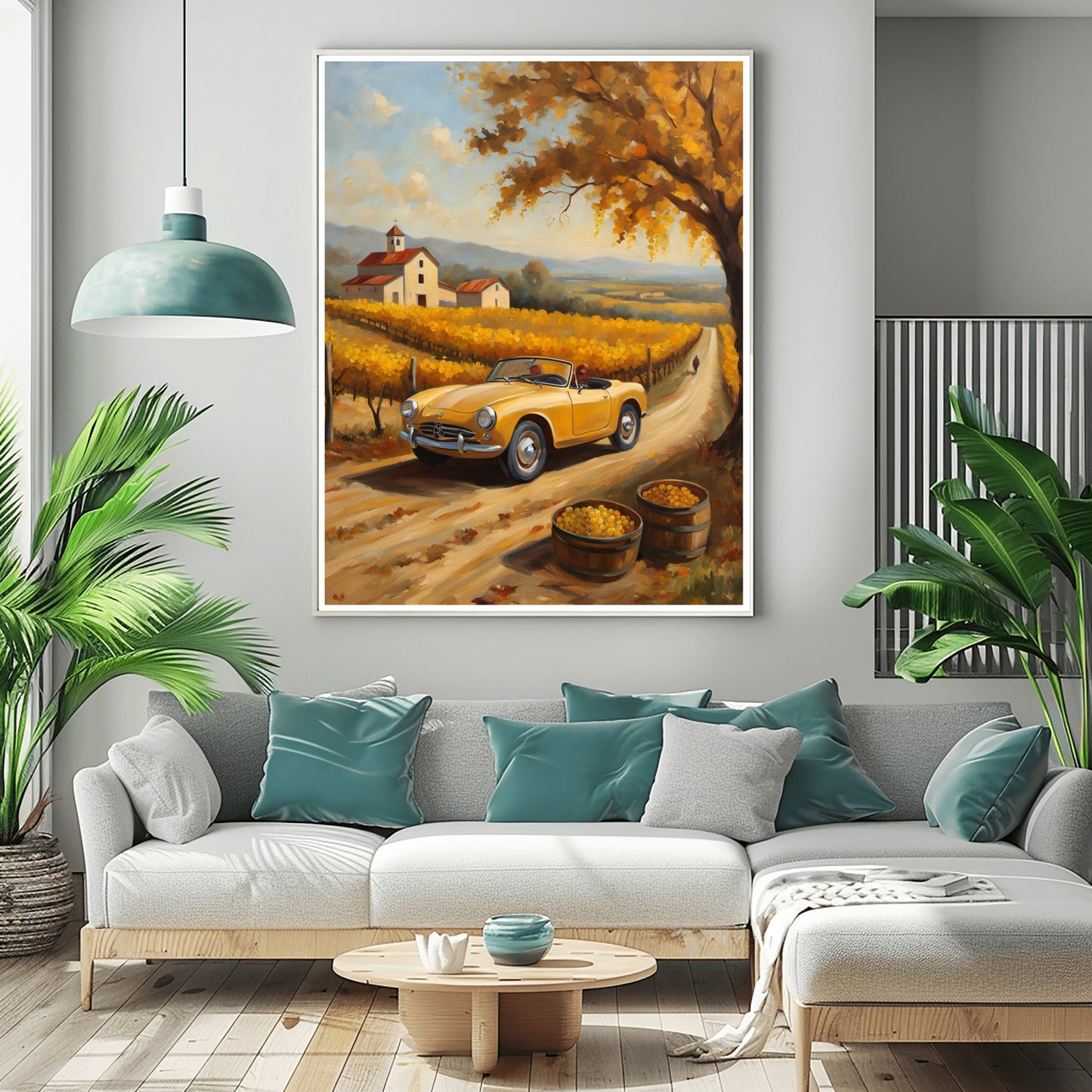 AquilVision rustic harvest art decor featuring a vintage car on a countryside road with autumn trees and farmhouse