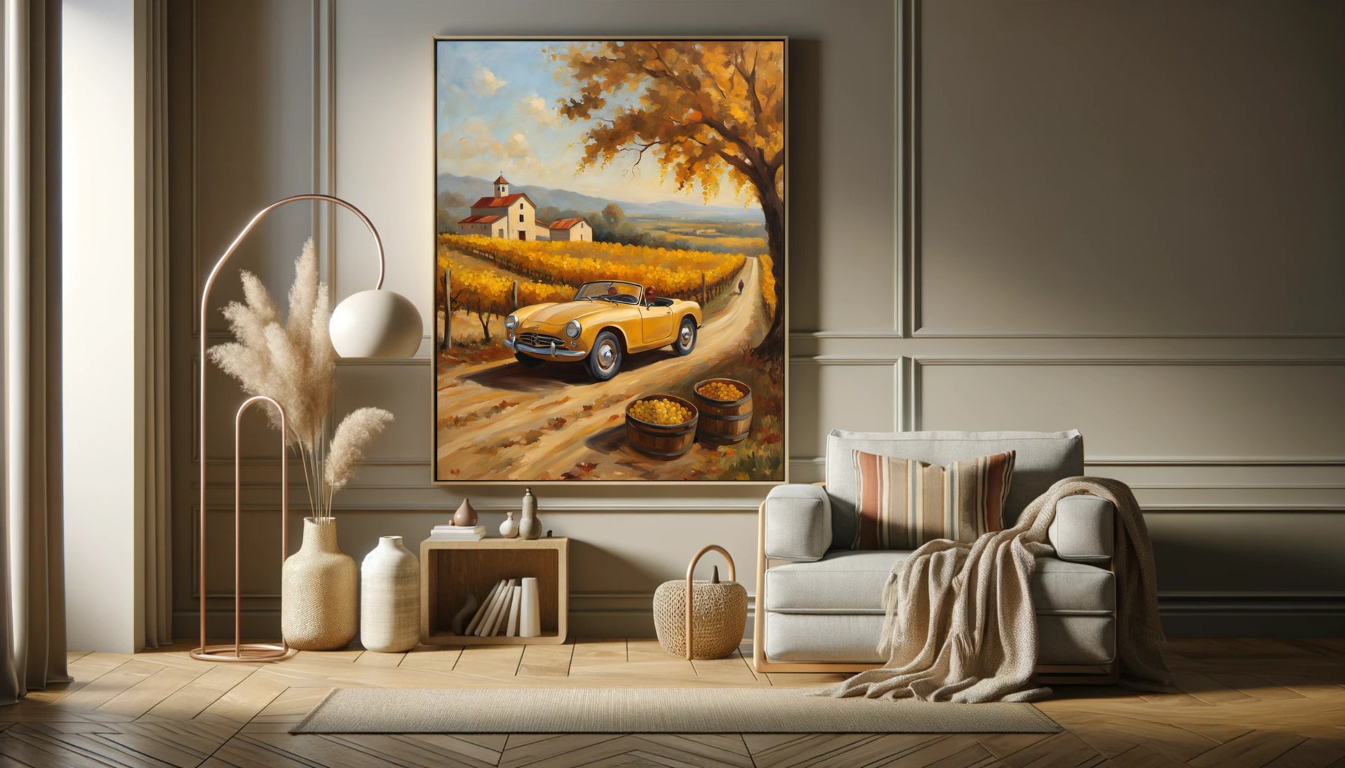 Rustic harvest art decor featuring vintage car on country road with fall foliage and farmhouse