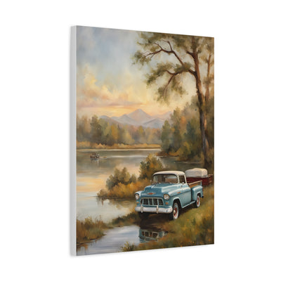 Rustic landscape canvas print featuring a vintage blue truck by a serene lake at sunset