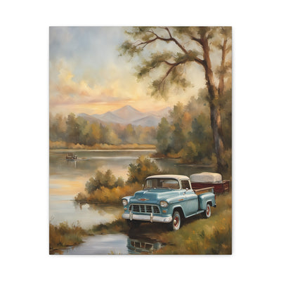 Rustic landscape canvas print featuring a retro truck by a serene lake at sunset