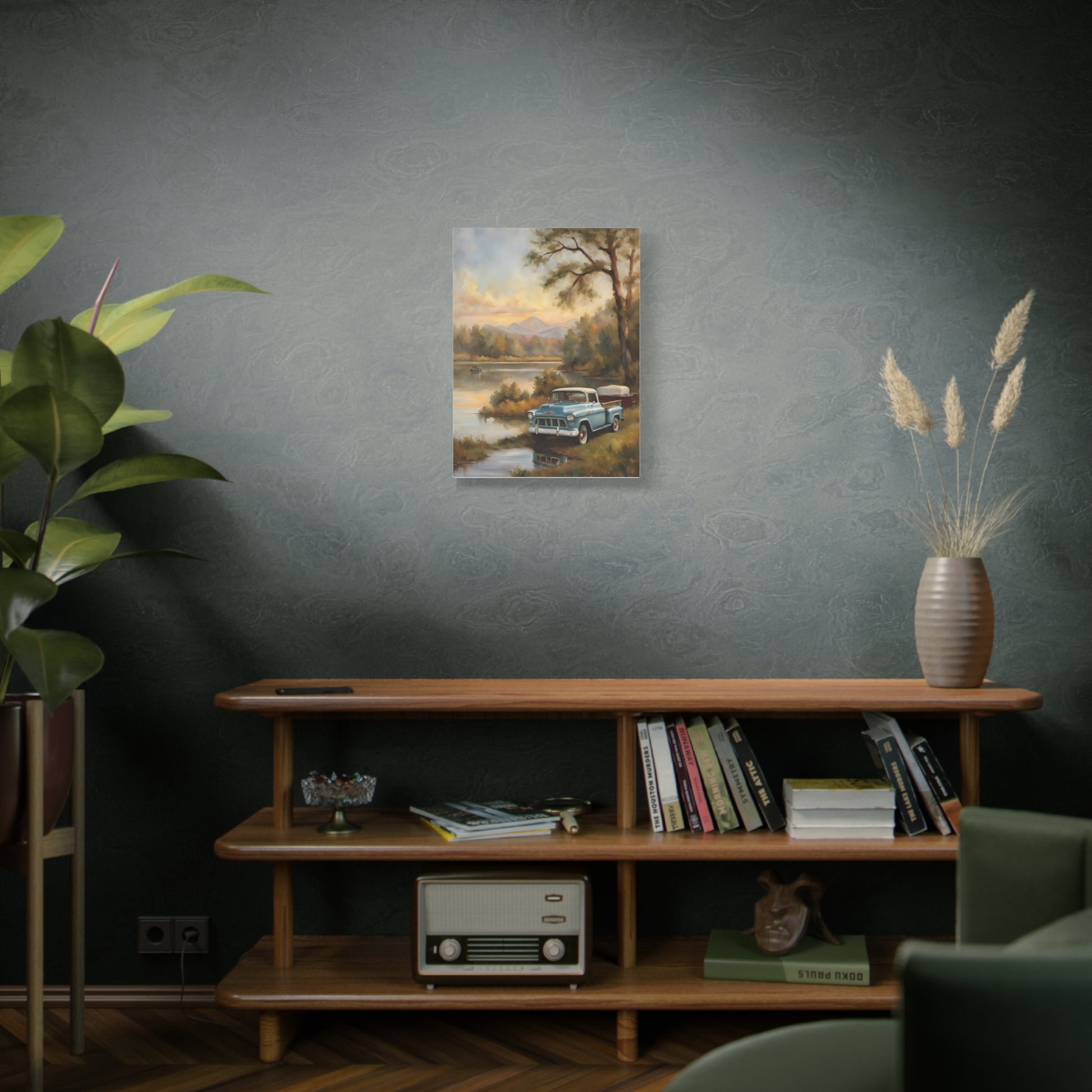 Rustic landscape canvas print featuring a serene outdoor scene with a vintage car near a calm river