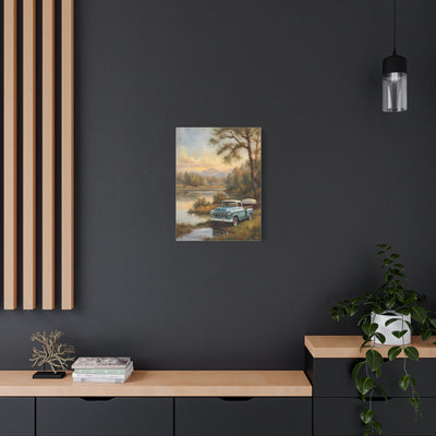 Rustic landscape canvas print featuring a vintage car by a serene lake surrounded by trees